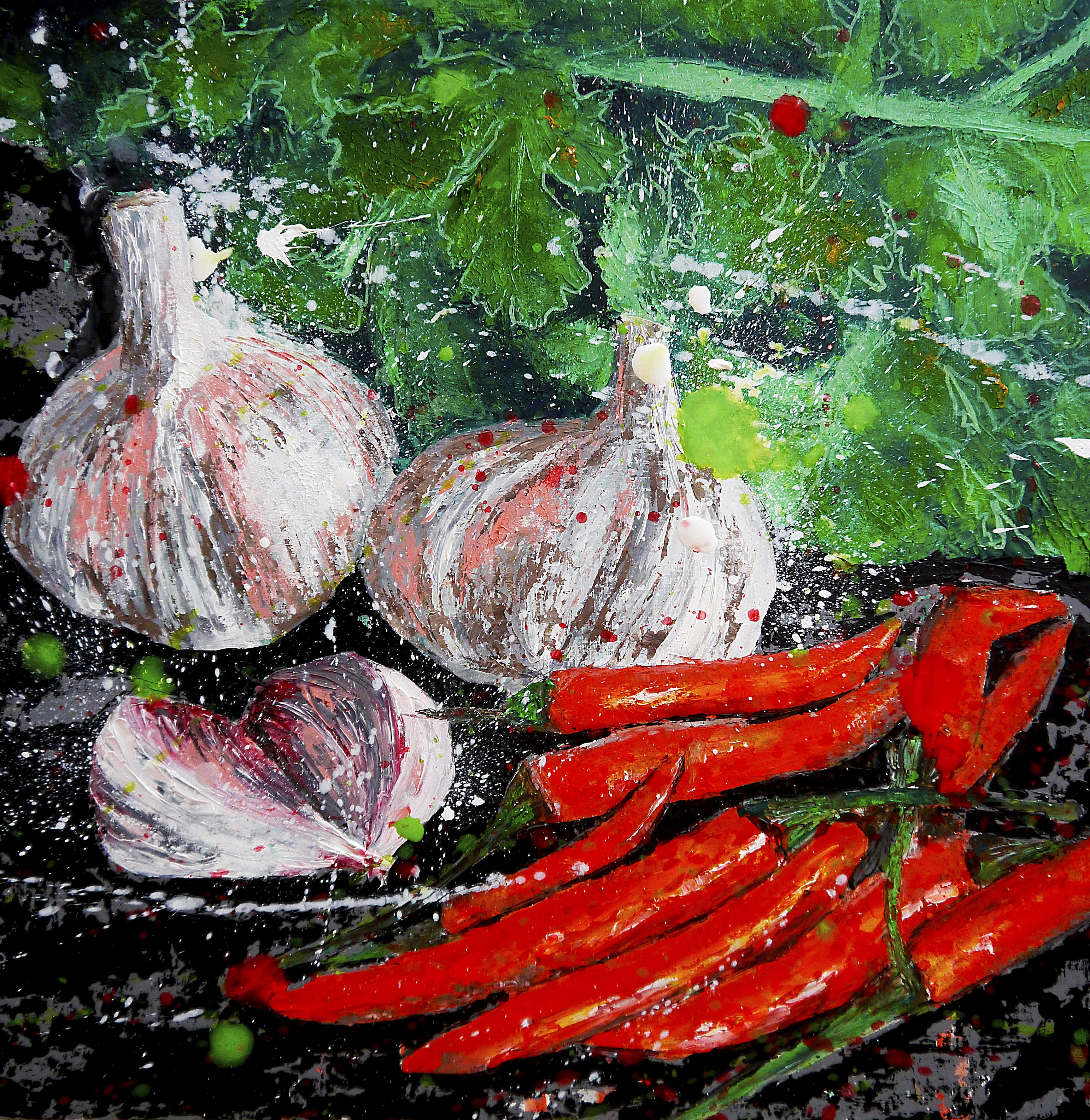 Bazévian Delacapucinière, French School - Still life Garlic and Chili peppers Starwars - Oil Painting 21th Bazévian Delacapucinière, French School - Still life Garlic and Chili peppers Starwars - Oil Painting 21th