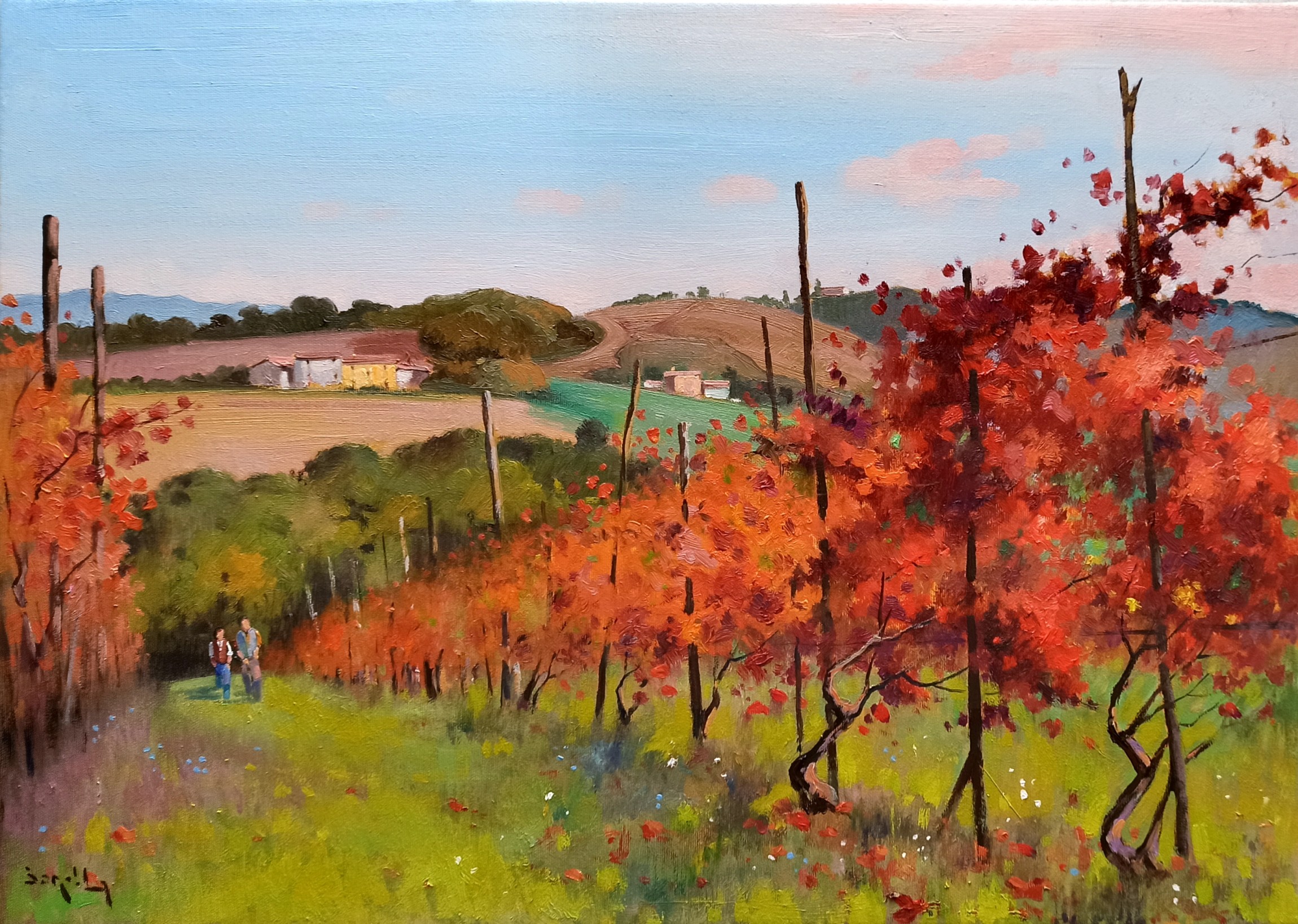 Andrea Borella, Walking in the vineyard - Tuscany landscape painting Andrea Borella, Walking in the vineyard - Tuscany landscape painting
