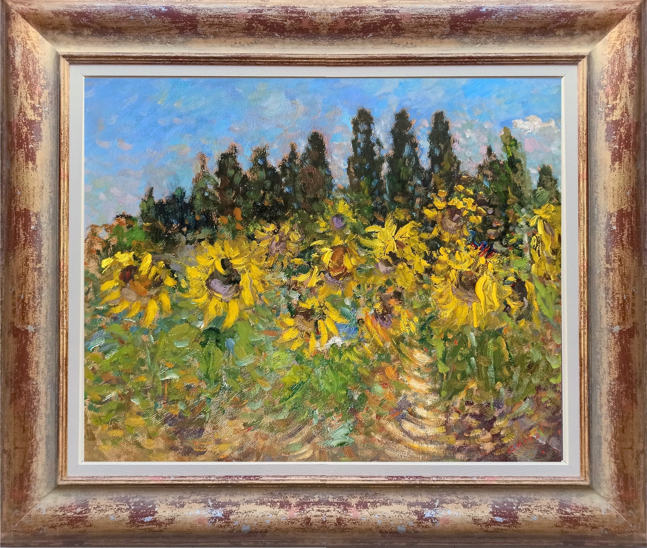 Biagio Chiesi, Dance of sunflowers - Tuscany painting landscape & frame Biagio Chiesi, Dance of sunflowers - Tuscany painting landscape & frame