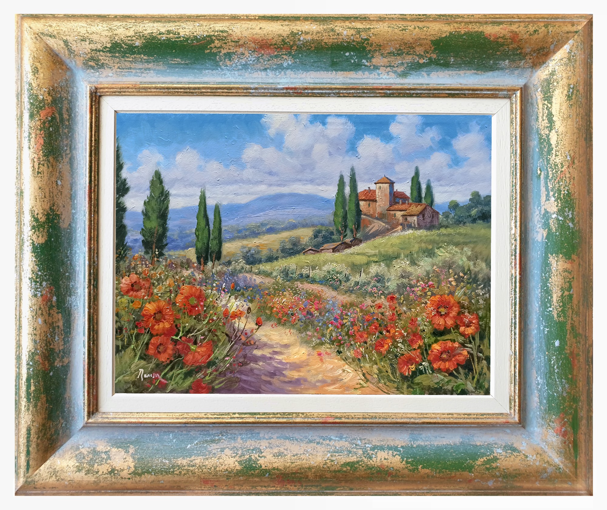 Domenico Ronca, Quiet flowery path - Tuscany landscape painting & frame Domenico Ronca, Quiet flowery path - Tuscany landscape painting & frame