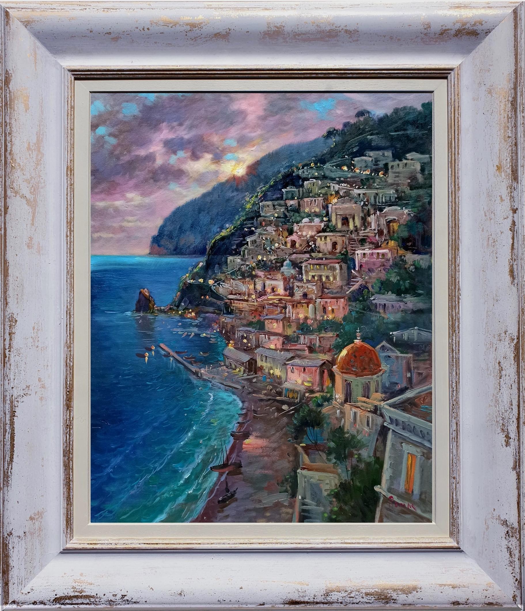 Domenico Ronca, Sunset on the coast - Positano painting & handmade frame Domenico Ronca, Sunset on the coast - Positano painting & handmade frame