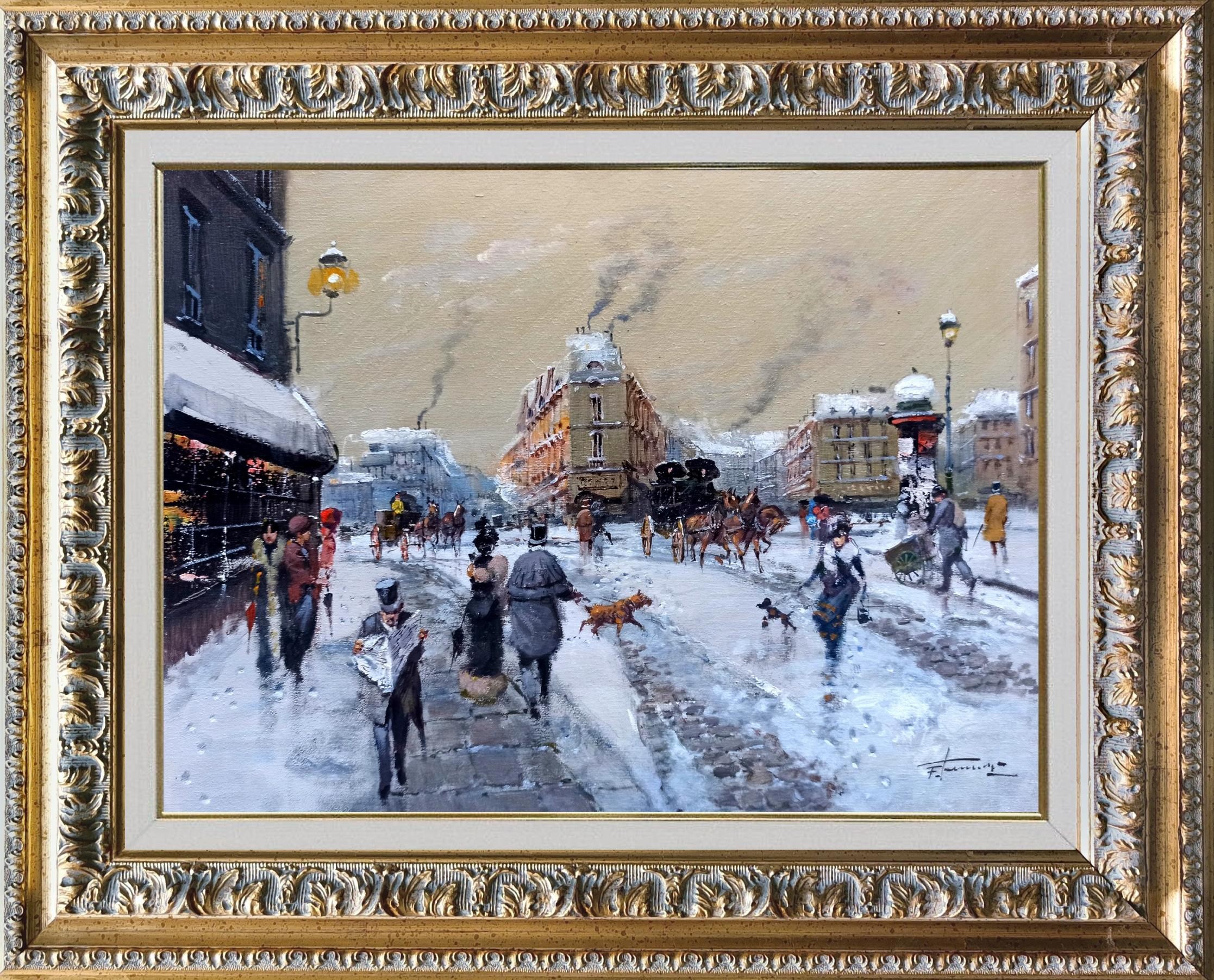 Francesco Tammaro, Snow in Paris cityscape - Old France Belle Epoque painting & frame Francesco Tammaro, Snow in Paris cityscape - Old France Belle Epoque painting & frame