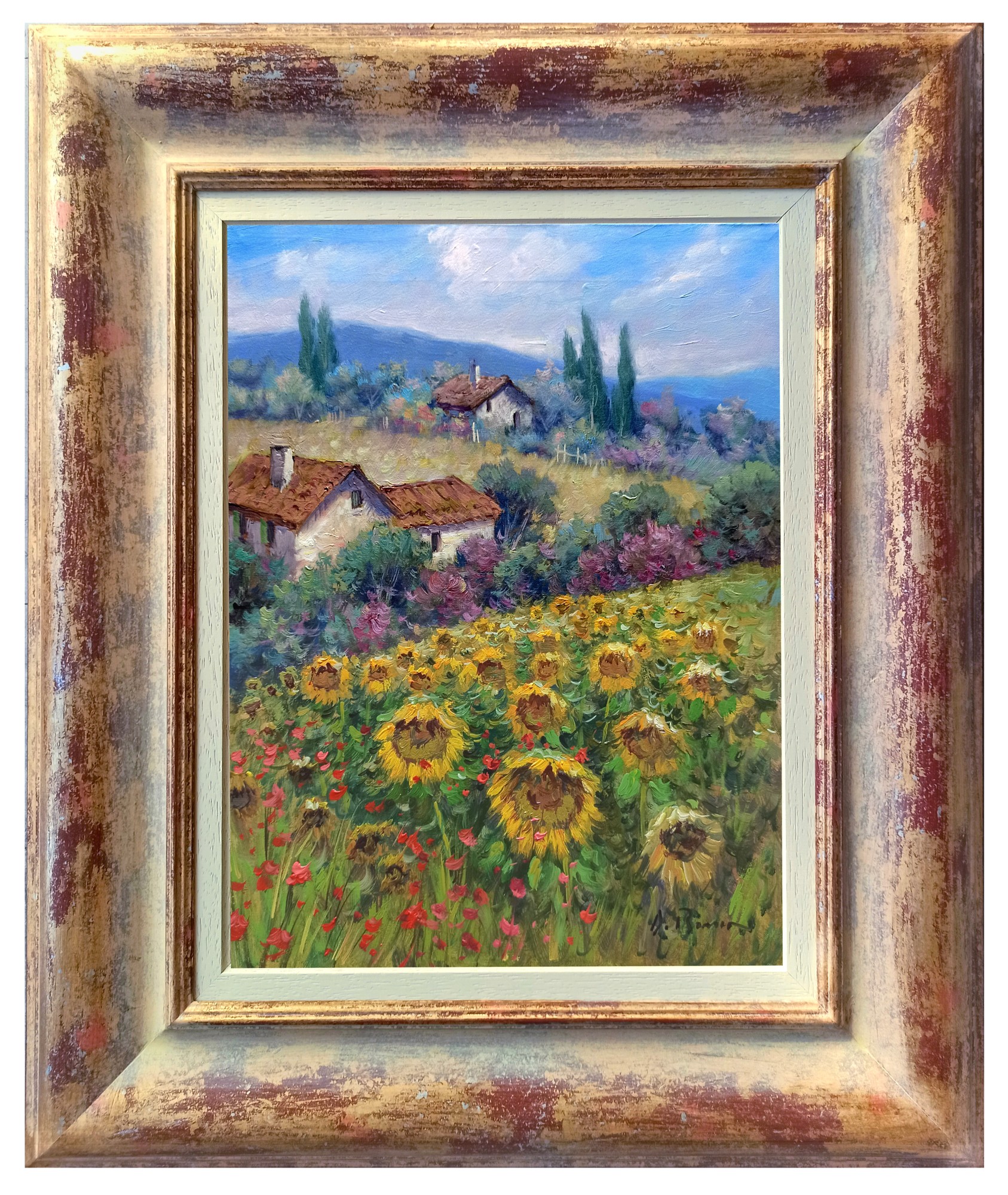 Domenico Ronca, Landscape with sunflowers - Tuscany painting landscape & frame Domenico Ronca, Landscape with sunflowers - Tuscany painting landscape & frame