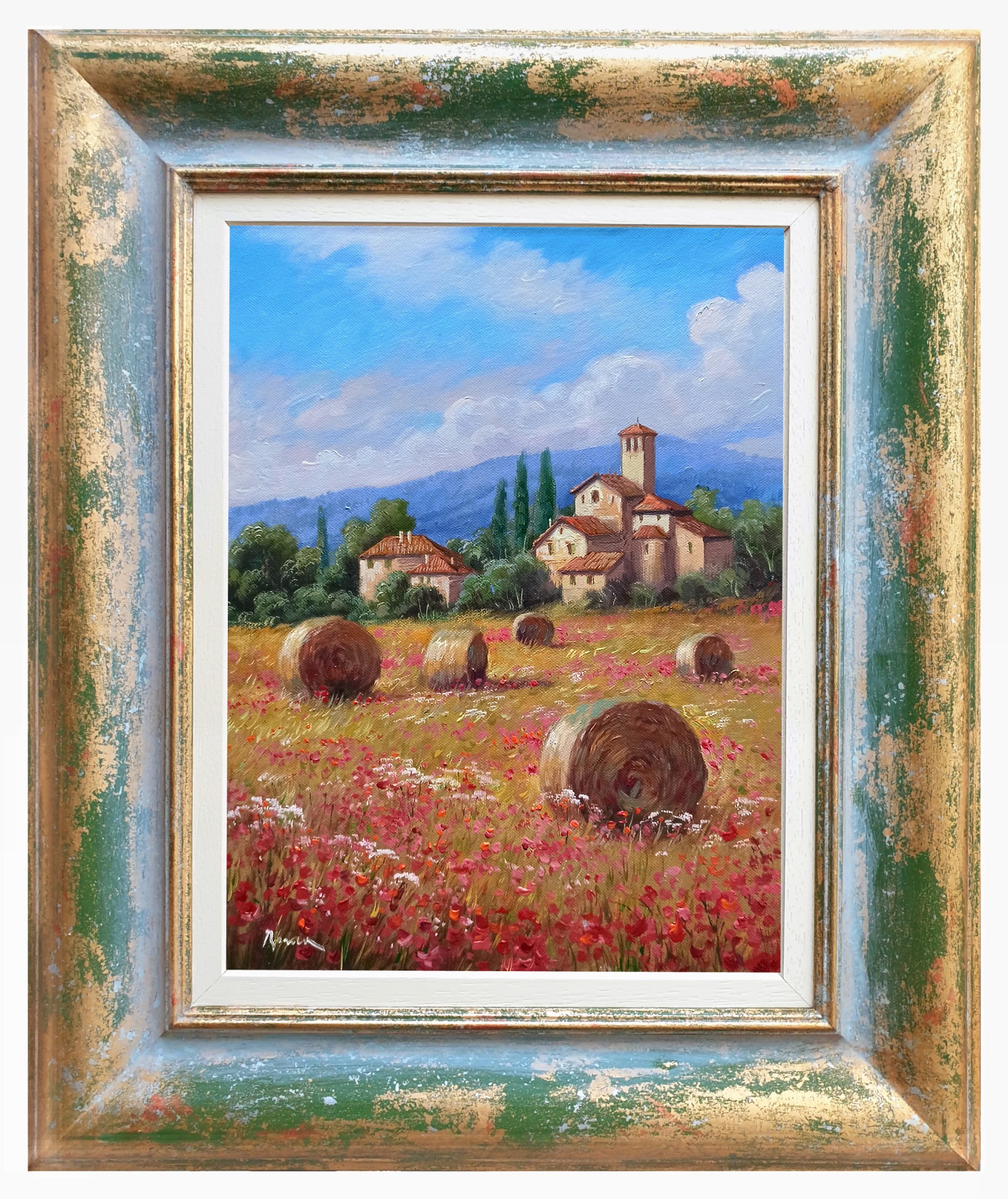 Domenico Ronca, A summer day - Tuscany painting landscape & frame Domenico Ronca, A summer day - Tuscany painting landscape & frame