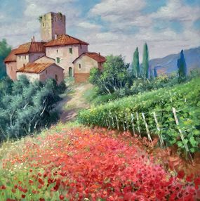 Peinture, Spring countryside - Tuscany painting landscape & frame, Domenico Ronca