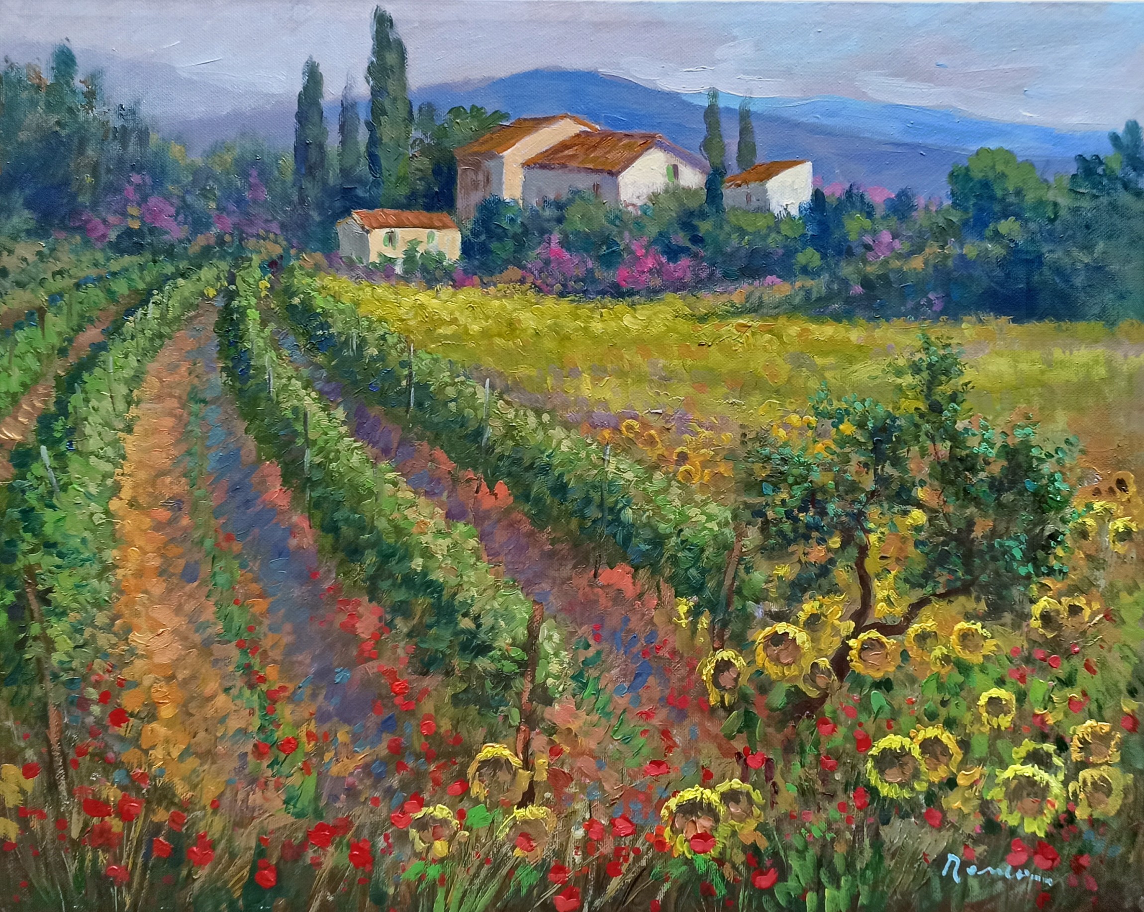 Domenico Ronca, Vineyard with sunflowers - Tuscany painting landscape Domenico Ronca, Vineyard with sunflowers - Tuscany painting landscape