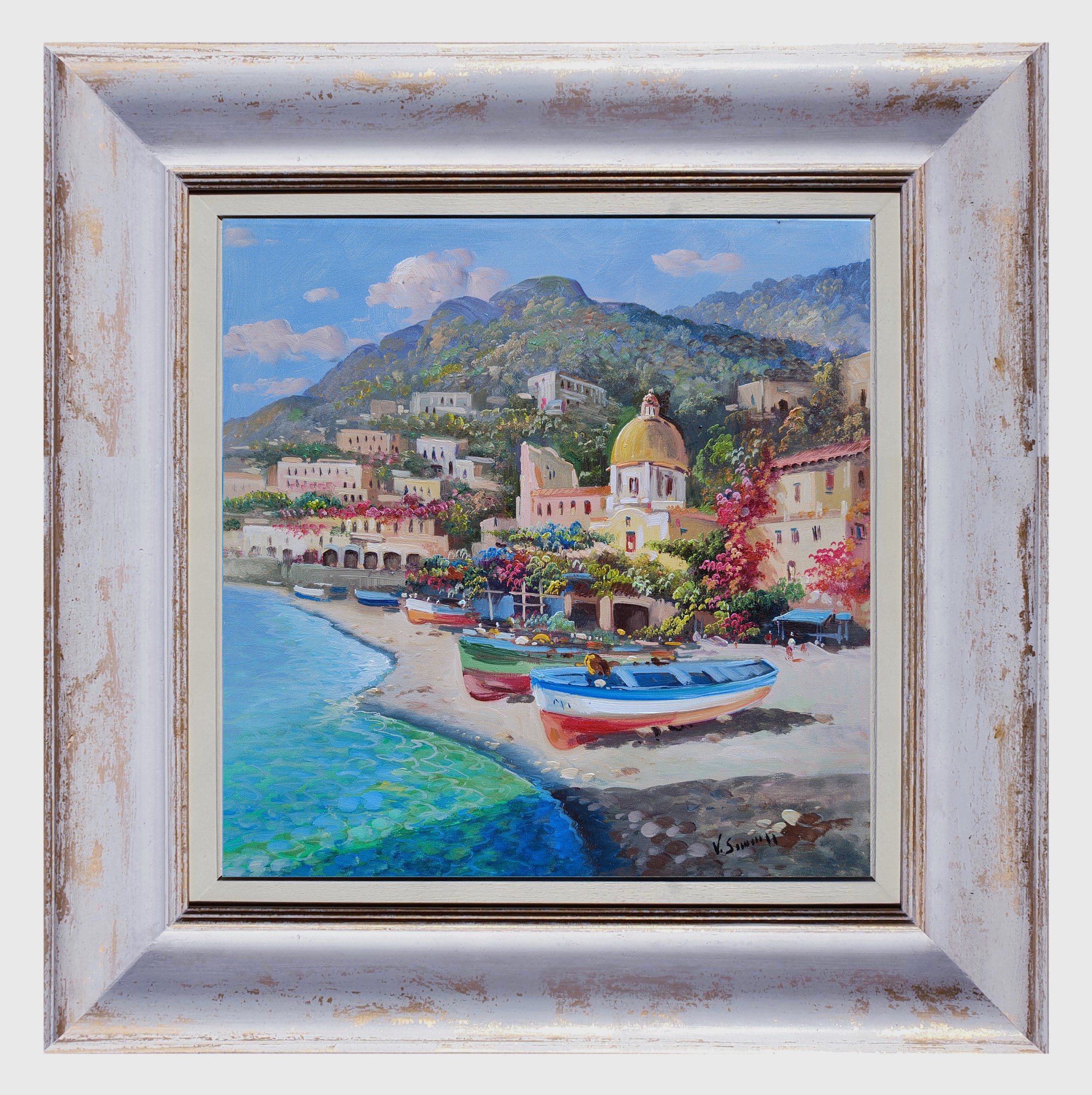 Vincenzo Somma, Boats on the beach - Positano painting & frame Vincenzo Somma, Boats on the beach - Positano painting & frame