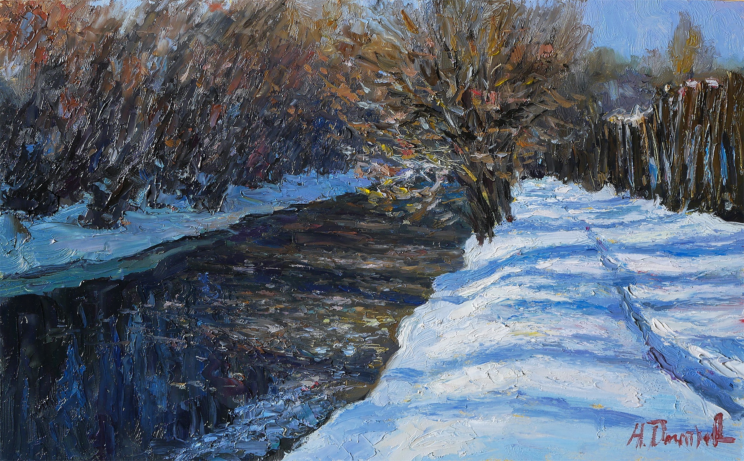 Nikolay Dmitriev, The sunny february day - winter landscape painting Nikolay Dmitriev, The sunny february day - winter landscape painting