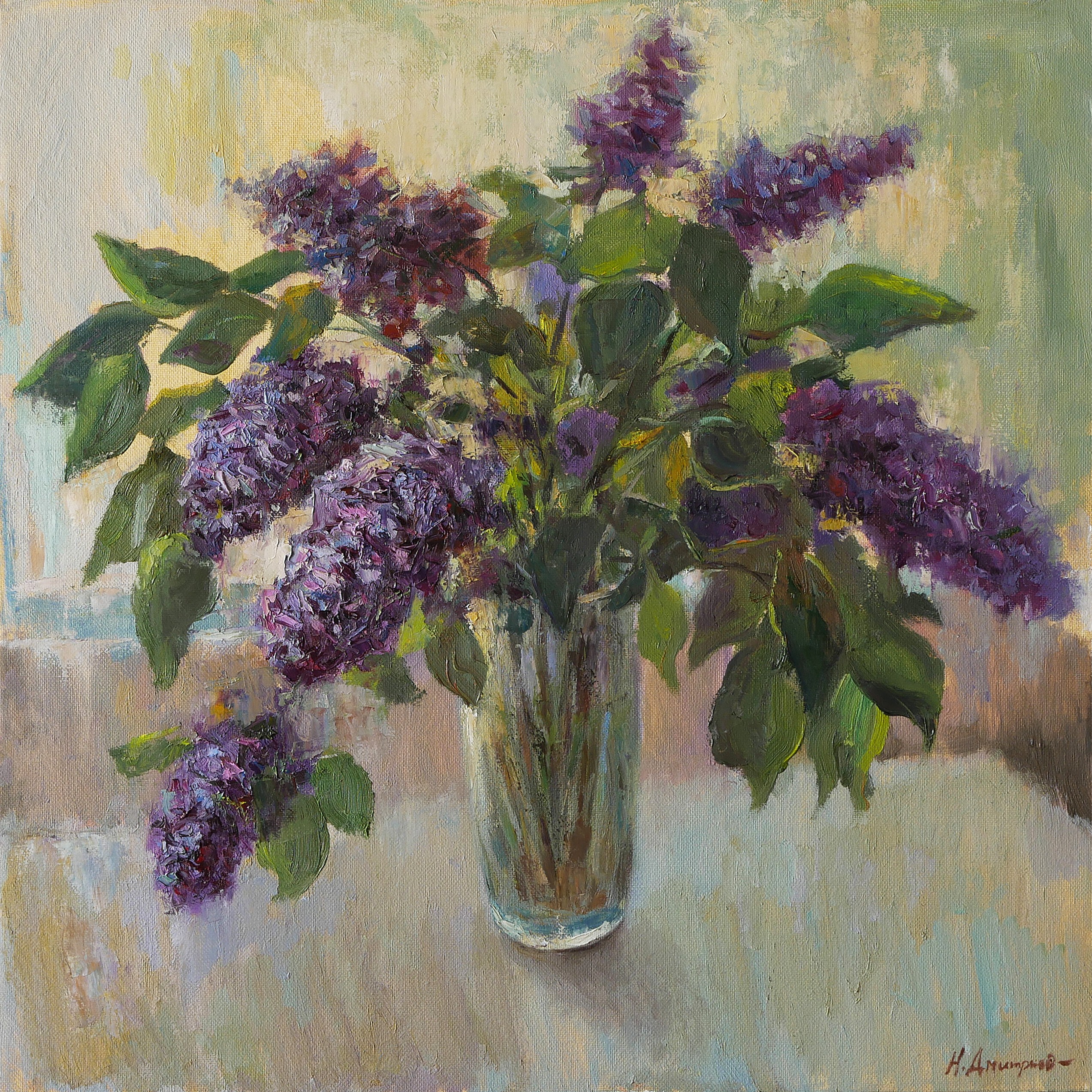 Nikolay Dmitriev, The Bouquet Of Lilacs Near the Light Window - floral still life Nikolay Dmitriev, The Bouquet Of Lilacs Near the Light Window - floral still life