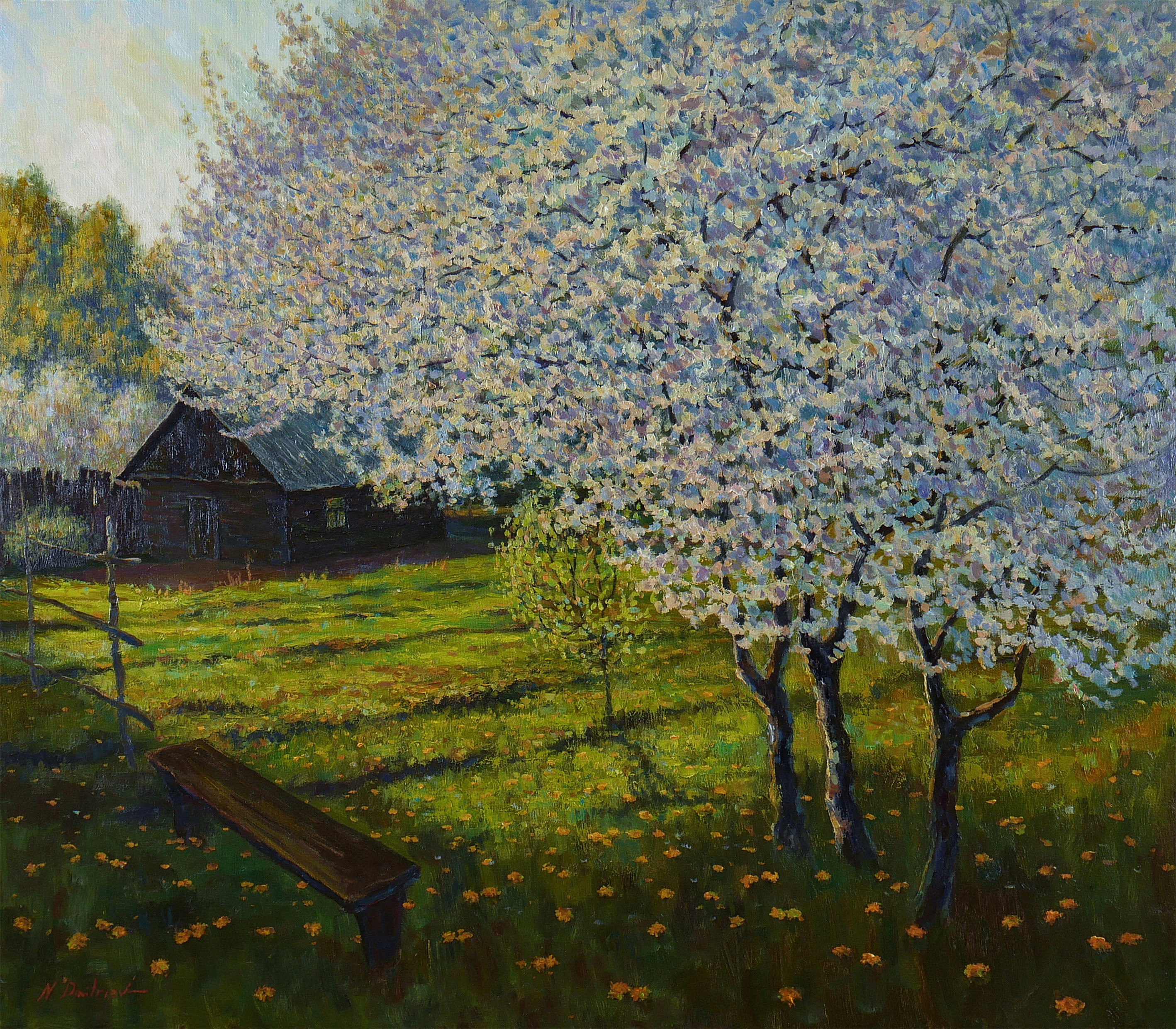 Nikolay Dmitriev, In The Blooming Garden - sunny spring landscape painting Nikolay Dmitriev, In The Blooming Garden - sunny spring landscape painting