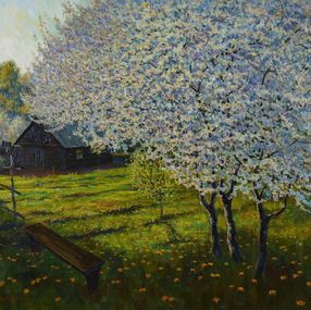 Peinture, In The Blooming Garden - sunny spring landscape painting, Nikolay Dmitriev