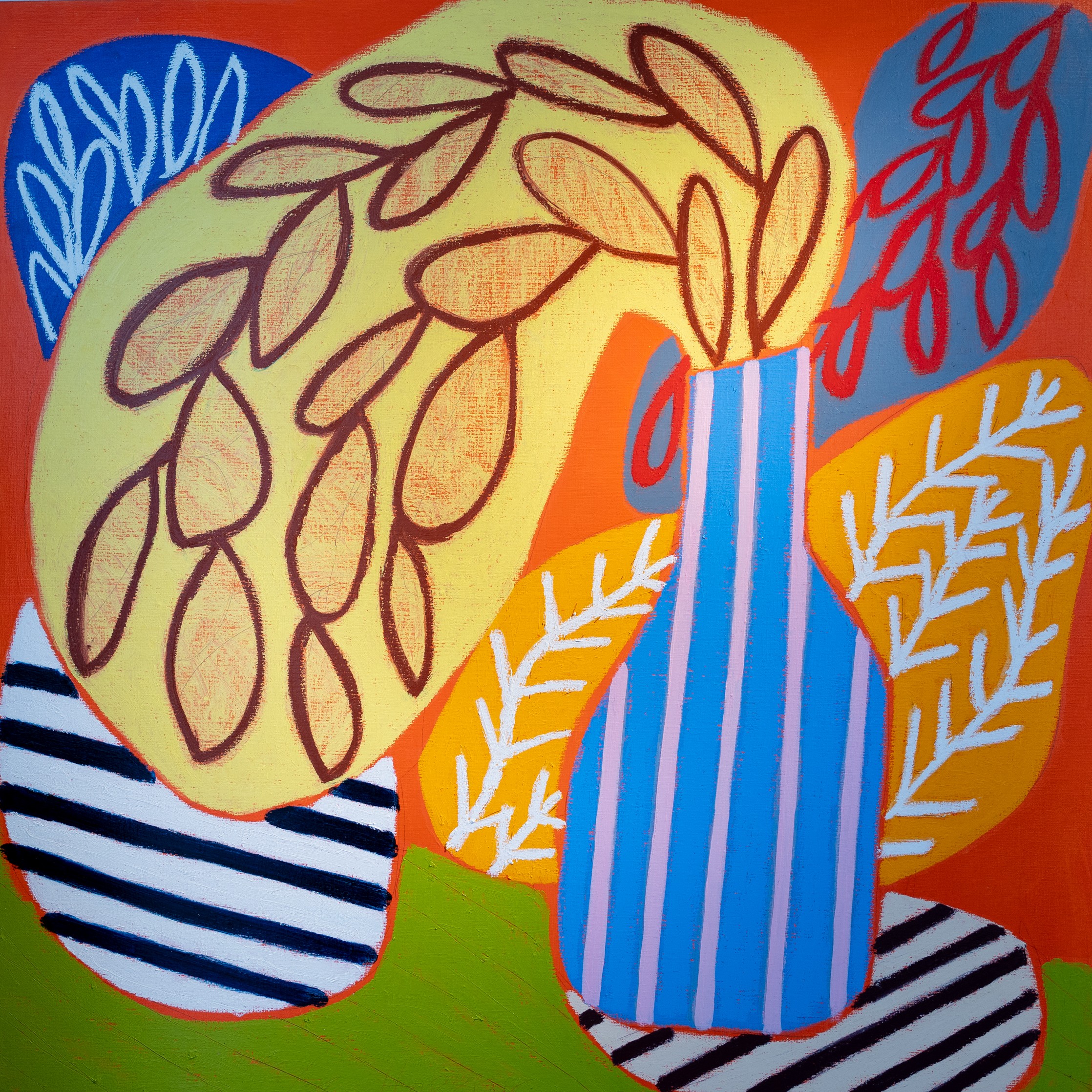 Gordon Hopkins, Blue vase with pink stripes still life Gordon Hopkins, Blue vase with pink stripes still life