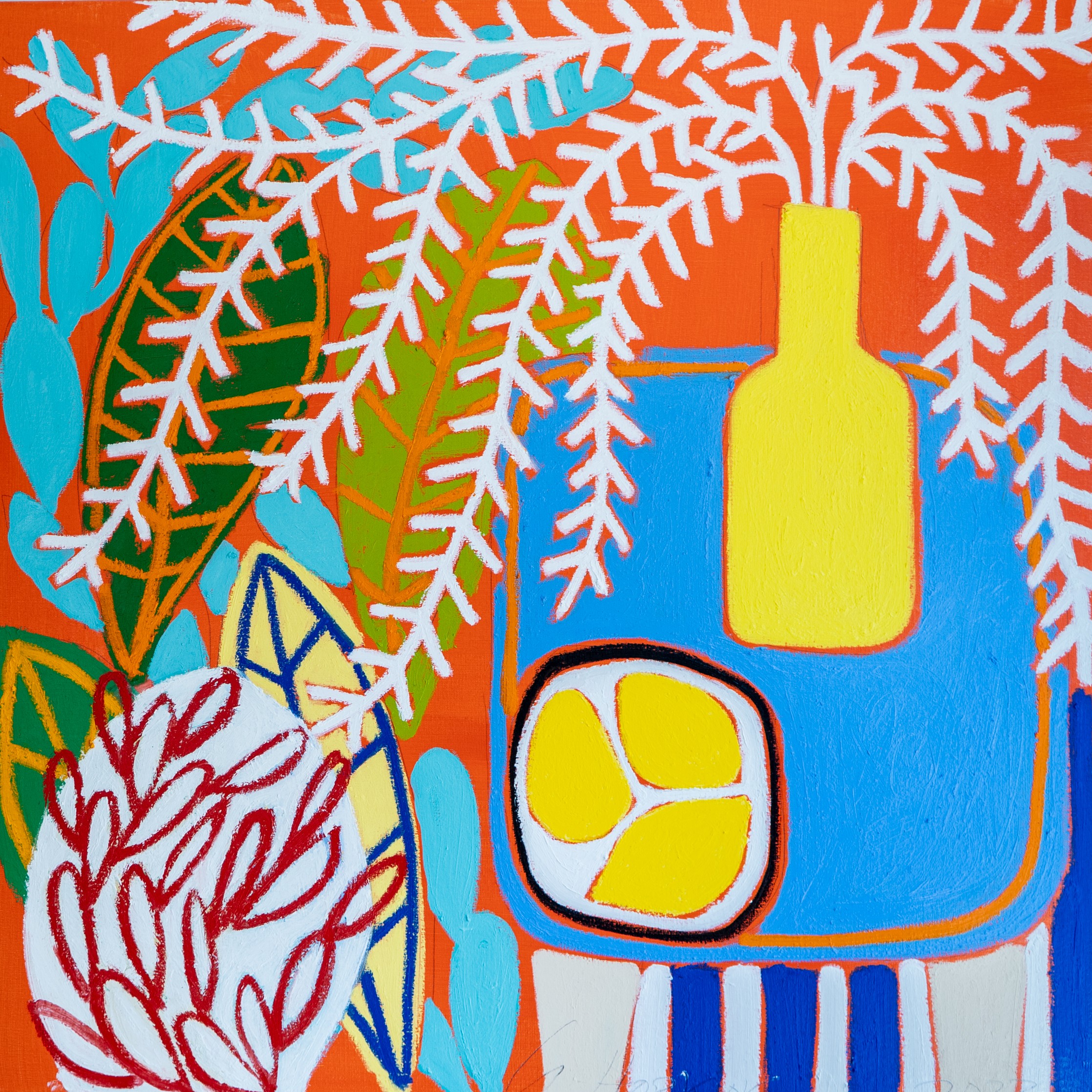 Gordon Hopkins, Warm blue table yellow vase still life Gordon Hopkins, Warm blue table yellow vase still life
