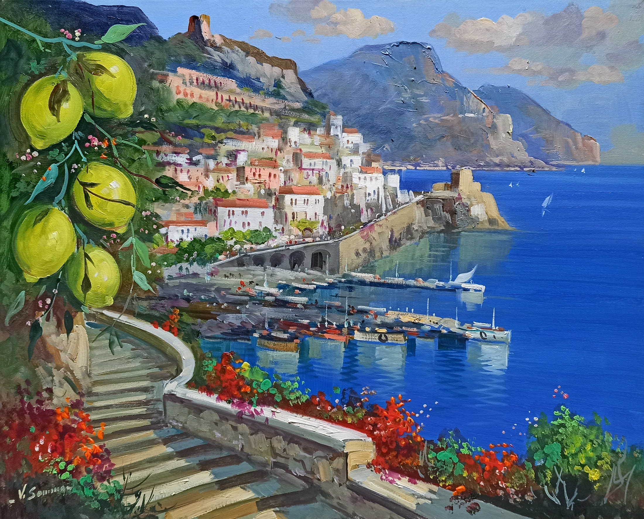 Vincenzo Somma, Descent to the town - Amalfi painting Vincenzo Somma, Descent to the town - Amalfi painting
