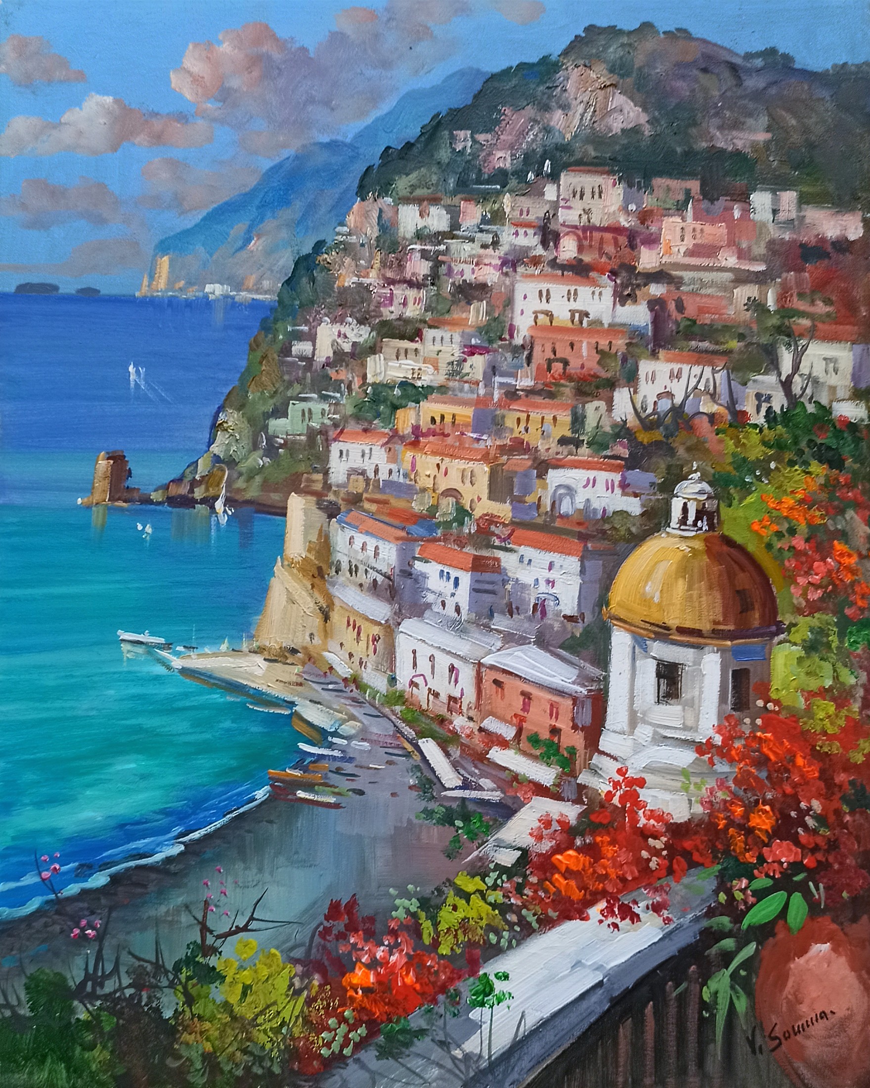Vincenzo Somma, Seaside with flowers vertical version - Positano painting Vincenzo Somma, Seaside with flowers vertical version - Positano painting
