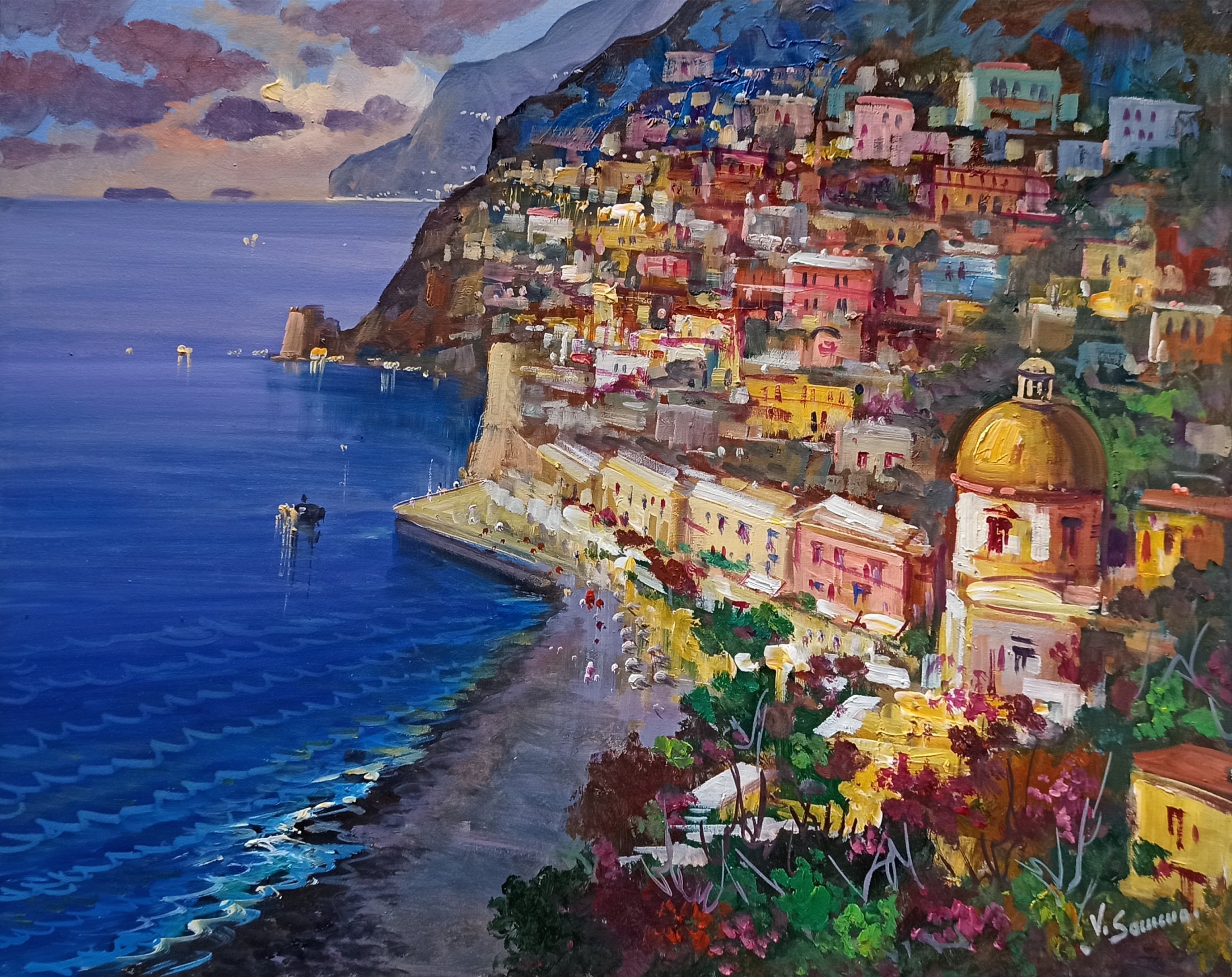 Vincenzo Somma, Sunset on the coast (horizontal version) - Positano painting Vincenzo Somma, Sunset on the coast (horizontal version) - Positano painting