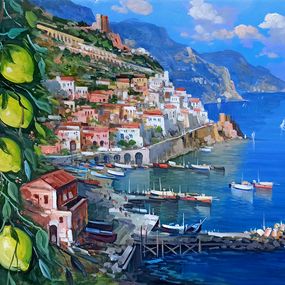 Painting, Lemons on the coast - Amalfi painting seaside, Vincenzo Somma