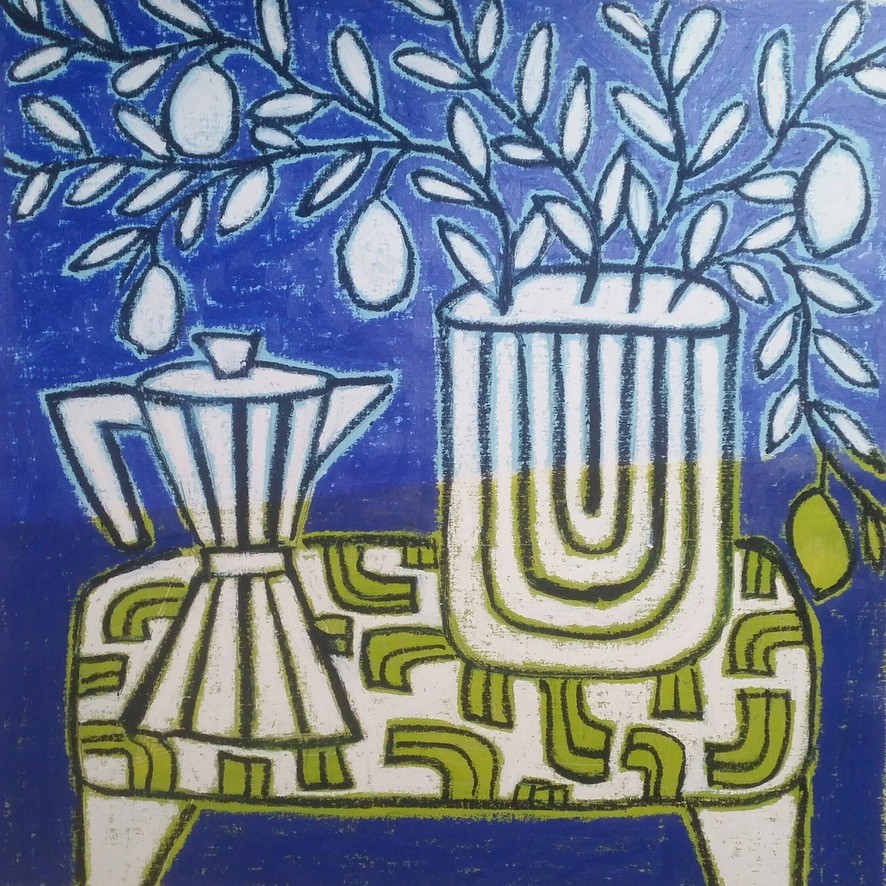 Gordon Hopkins, Coffee pot with lemon tree in blue Gordon Hopkins, Coffee pot with lemon tree in blue