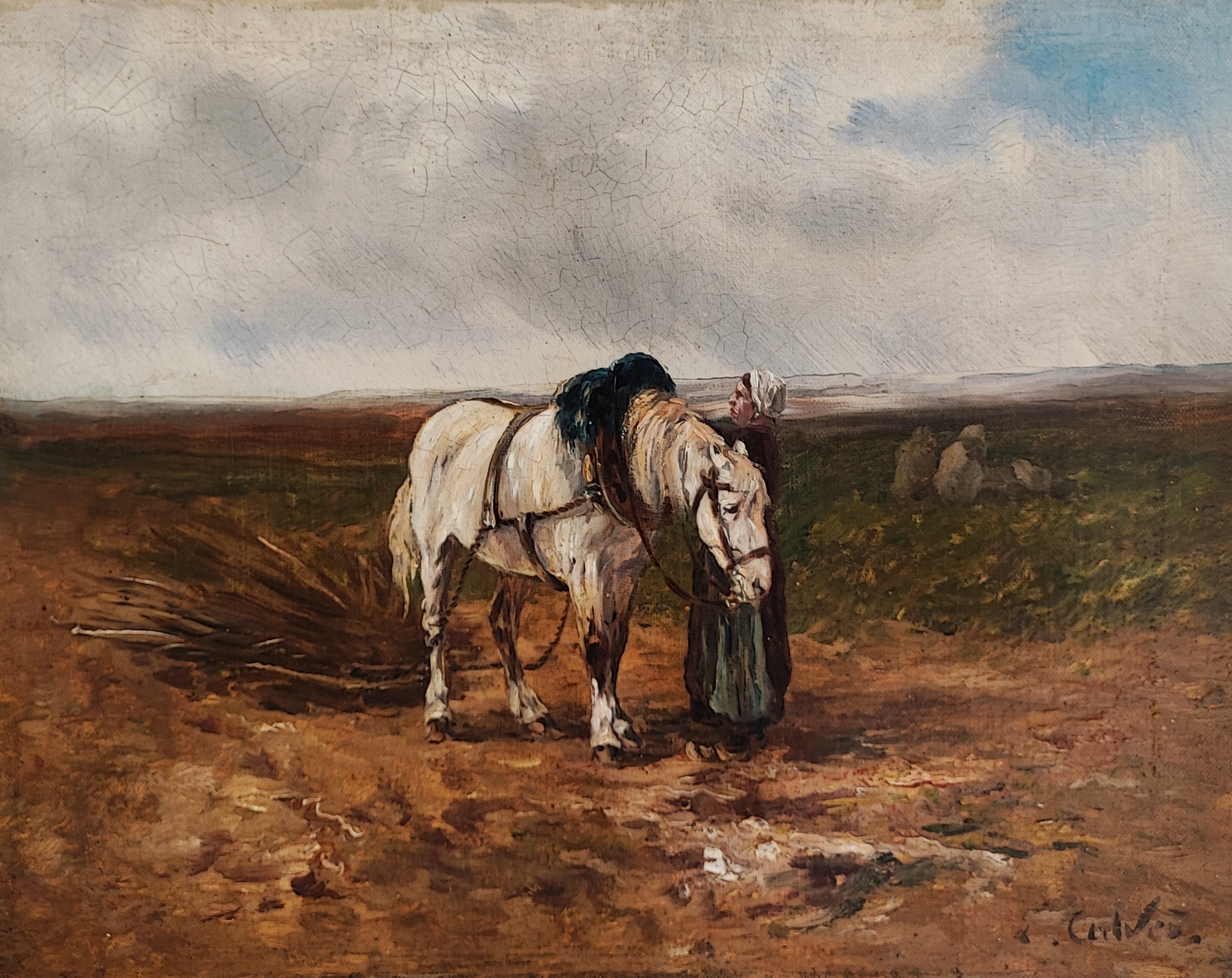 Léon Georges Calves, Femme au champ préparant un cheval de trait Léon Georges Calves, Femme au champ préparant un cheval de trait