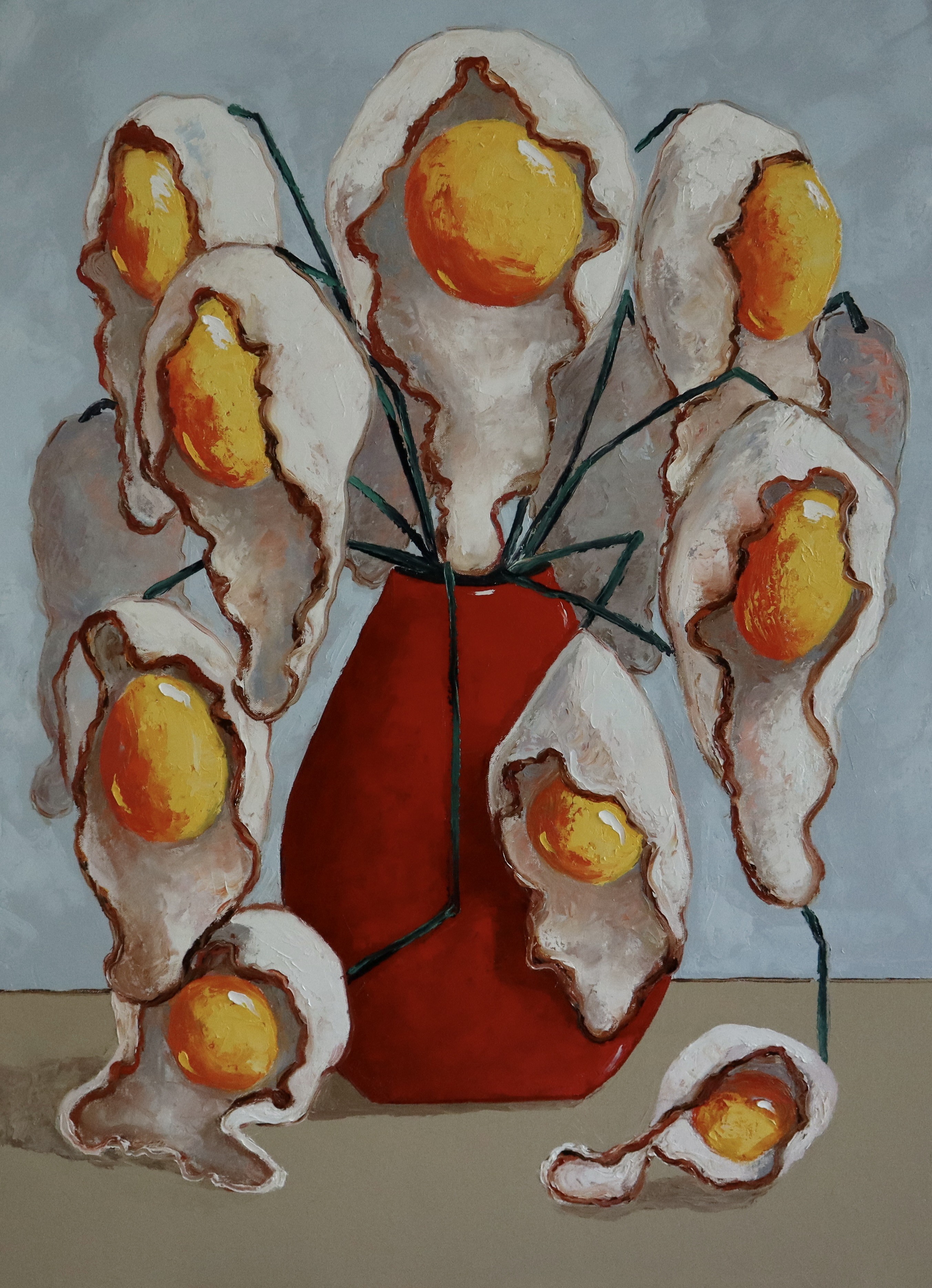 Suthamma (Ta) Byrne, Egg flowers in a red vase Suthamma (Ta) Byrne, Egg flowers in a red vase