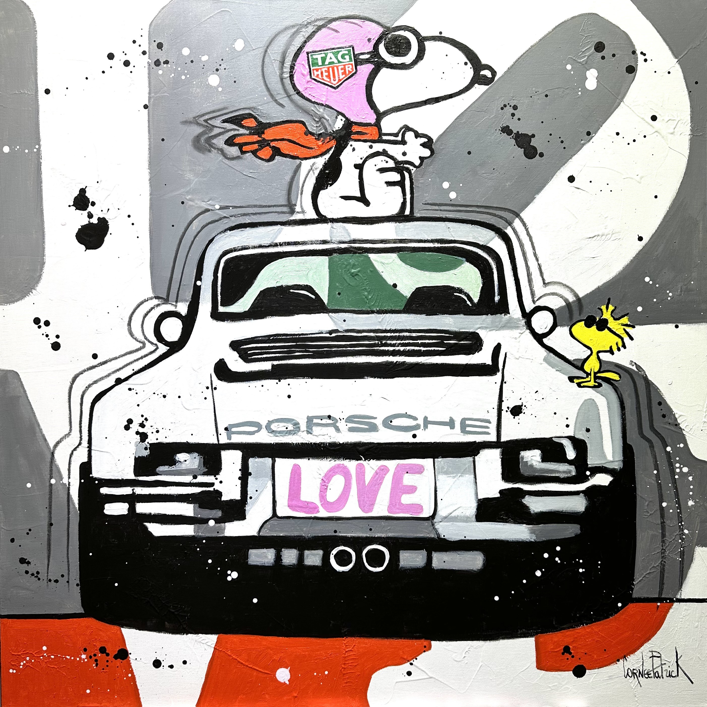 Patrick Cornée, Snoopy dreams of driving a Porsche, grey version Patrick Cornée, Snoopy dreams of driving a Porsche, grey version
