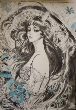 Painting, La demoiselle fleurs bleues, Fabienne Bonneau (Fablues)