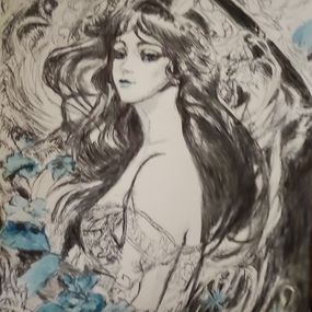 Gemälde, La demoiselle fleurs bleues, Fabienne Bonneau (Fablues)