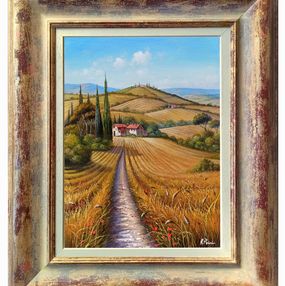 Peinture, The way of grain - Tuscany landscape painting & frame, Raimondo Pacini