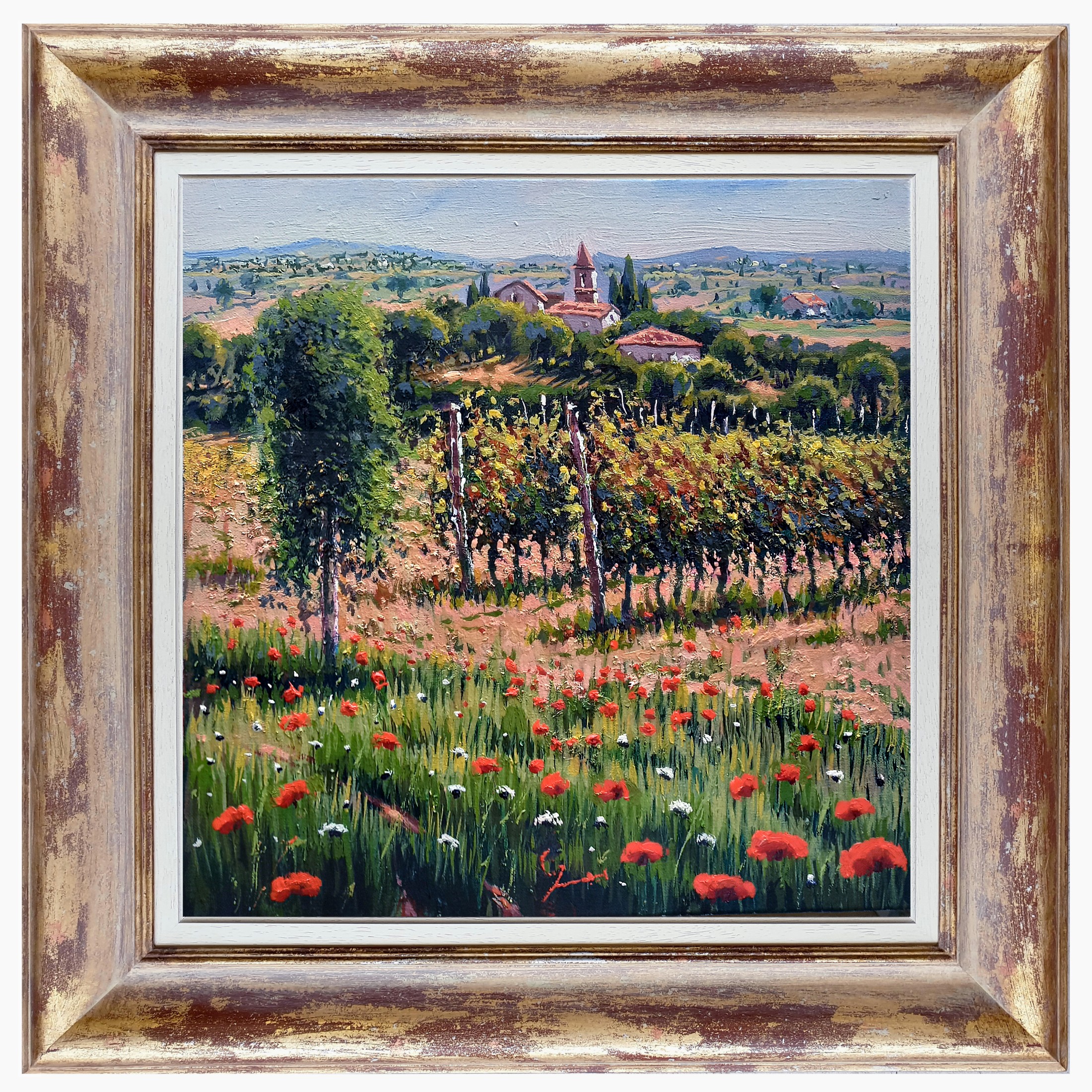 Roberto Gai, Flowering in the vineyard - Tuscany painting & handmade frame Roberto Gai, Flowering in the vineyard - Tuscany painting & handmade frame