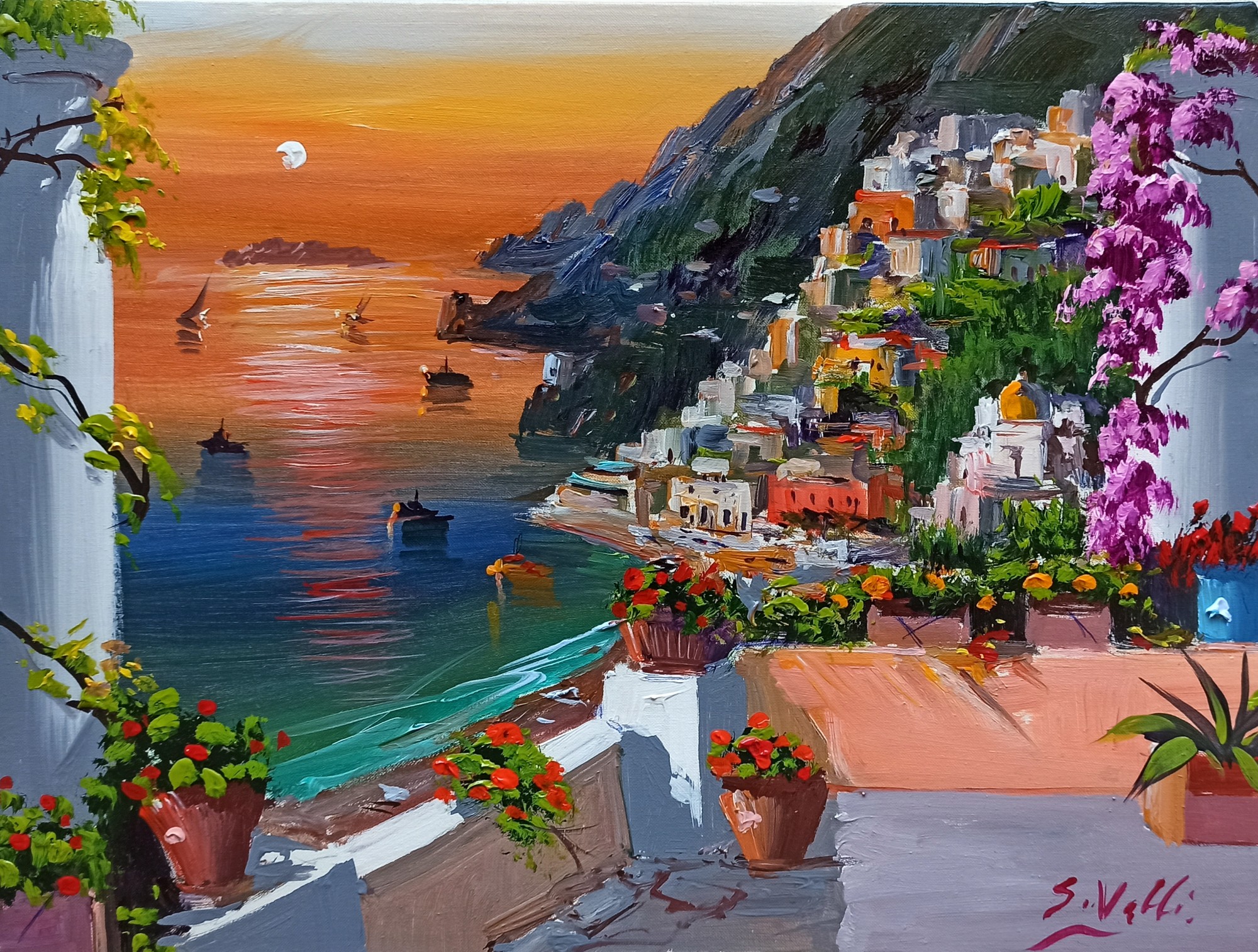 Silvio Valli, Sunset on Positano n°2 - Italy painting & frame Silvio Valli, Sunset on Positano n°2 - Italy painting & frame