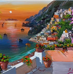 Painting, Sunset on Positano n°2 - Italy painting & frame, Silvio Valli