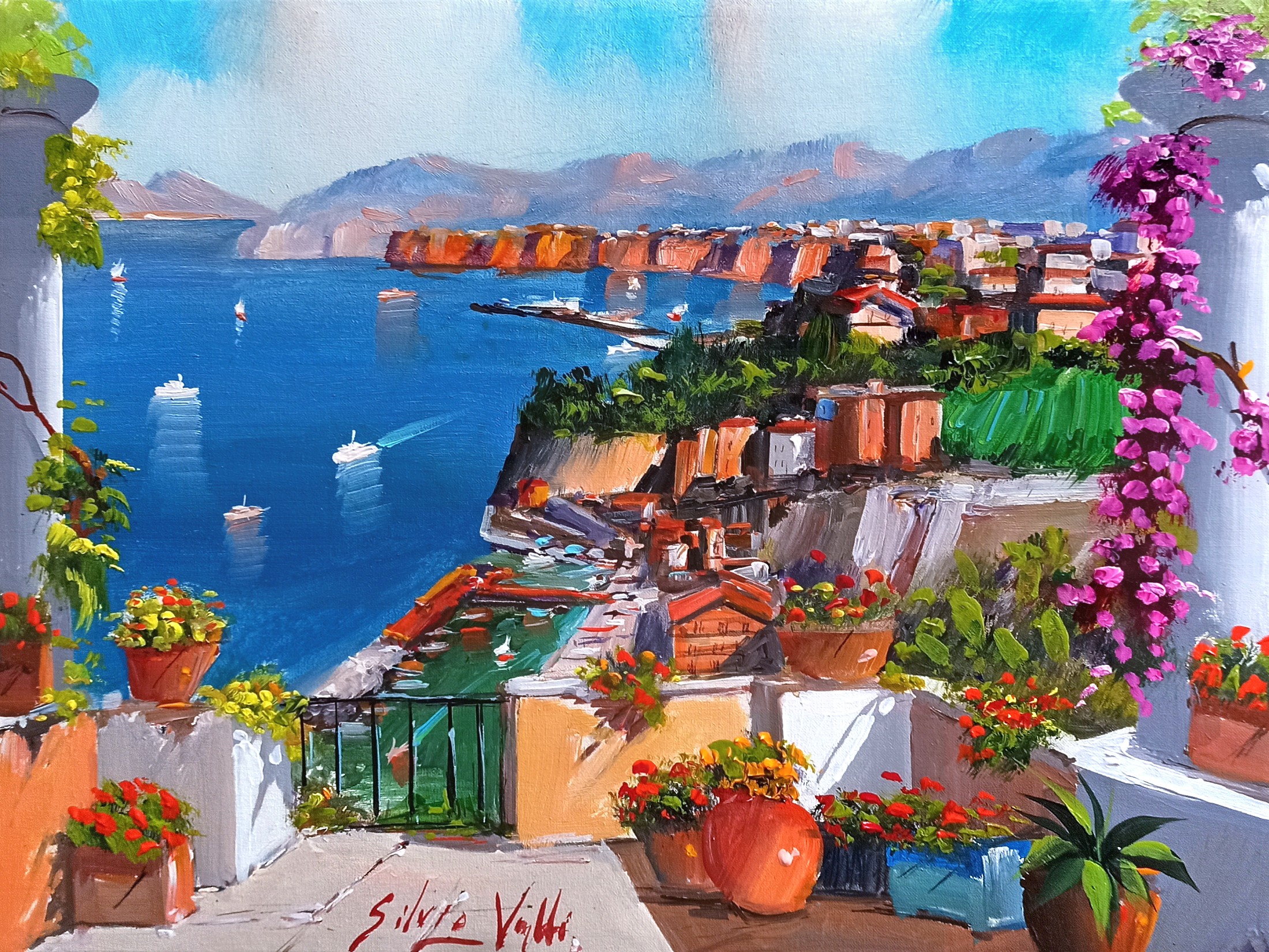 Silvio Valli, Sorrento terrace view - Southern Italy painting Silvio Valli, Sorrento terrace view - Southern Italy painting