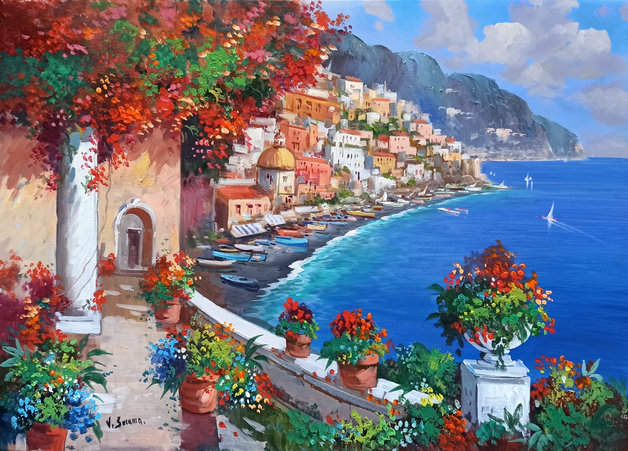 Vincenzo Somma, Seaside with flowers - Amalfitan coast painting Vincenzo Somma, Seaside with flowers - Amalfitan coast painting