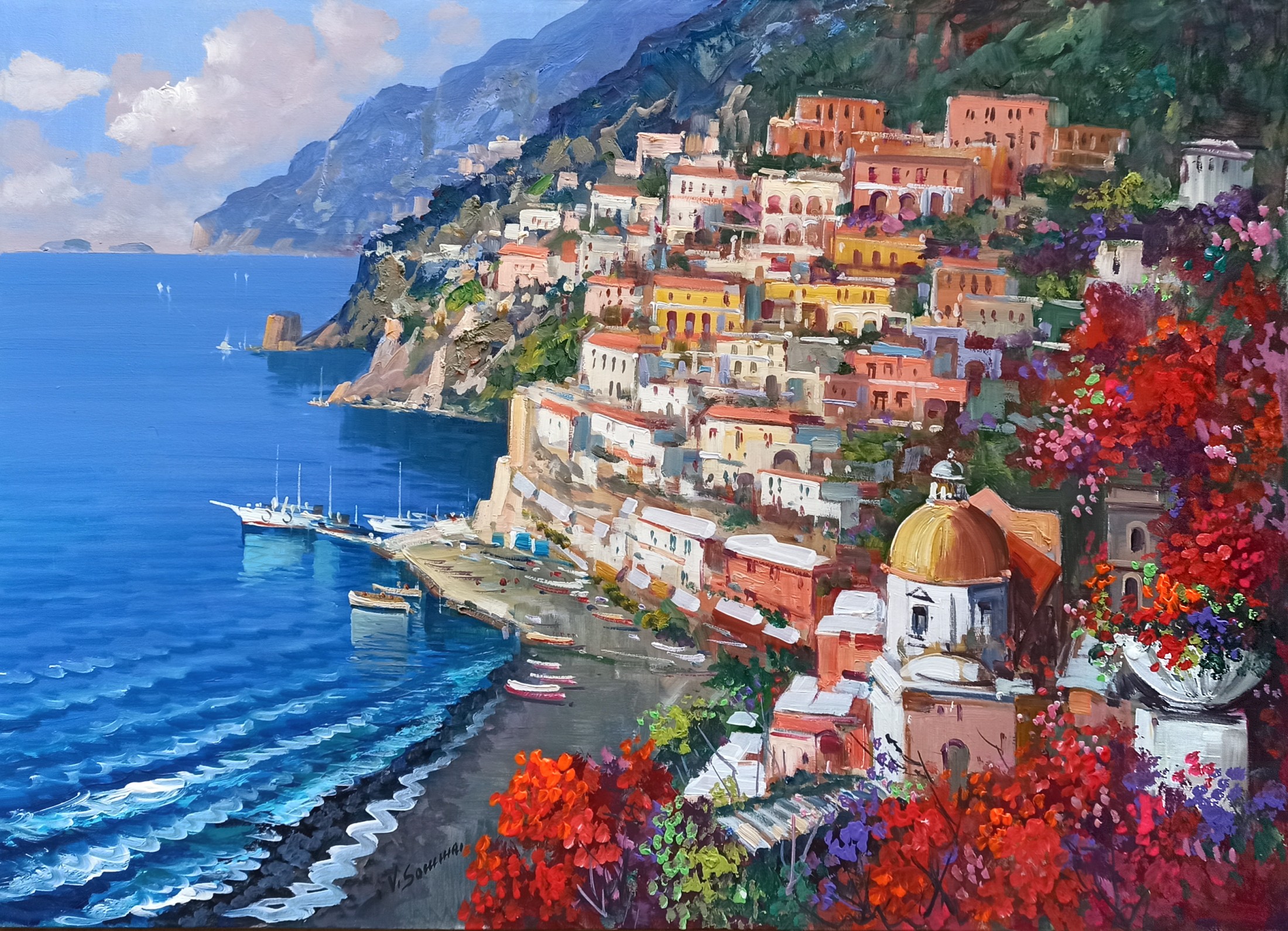 Vincenzo Somma, Flowery coast view - Positano painting Vincenzo Somma, Flowery coast view - Positano painting