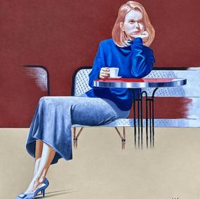 Gemälde, Femme en bleue à la terrasse d'un café, Jean-Jacques Venturini