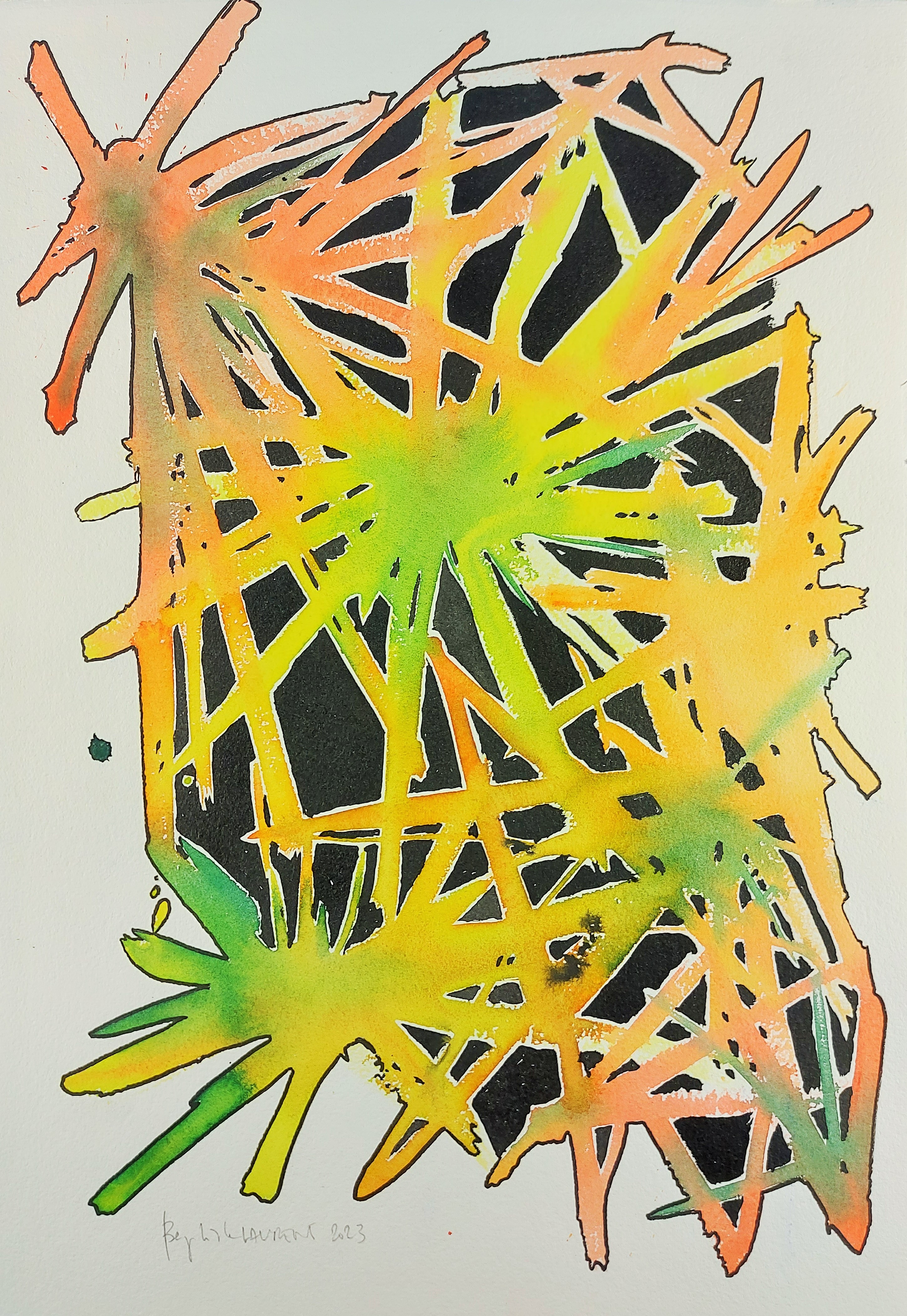 Baptiste Laurent, Explosion orange et vert sur fond noir Baptiste Laurent, Explosion orange et vert sur fond noir