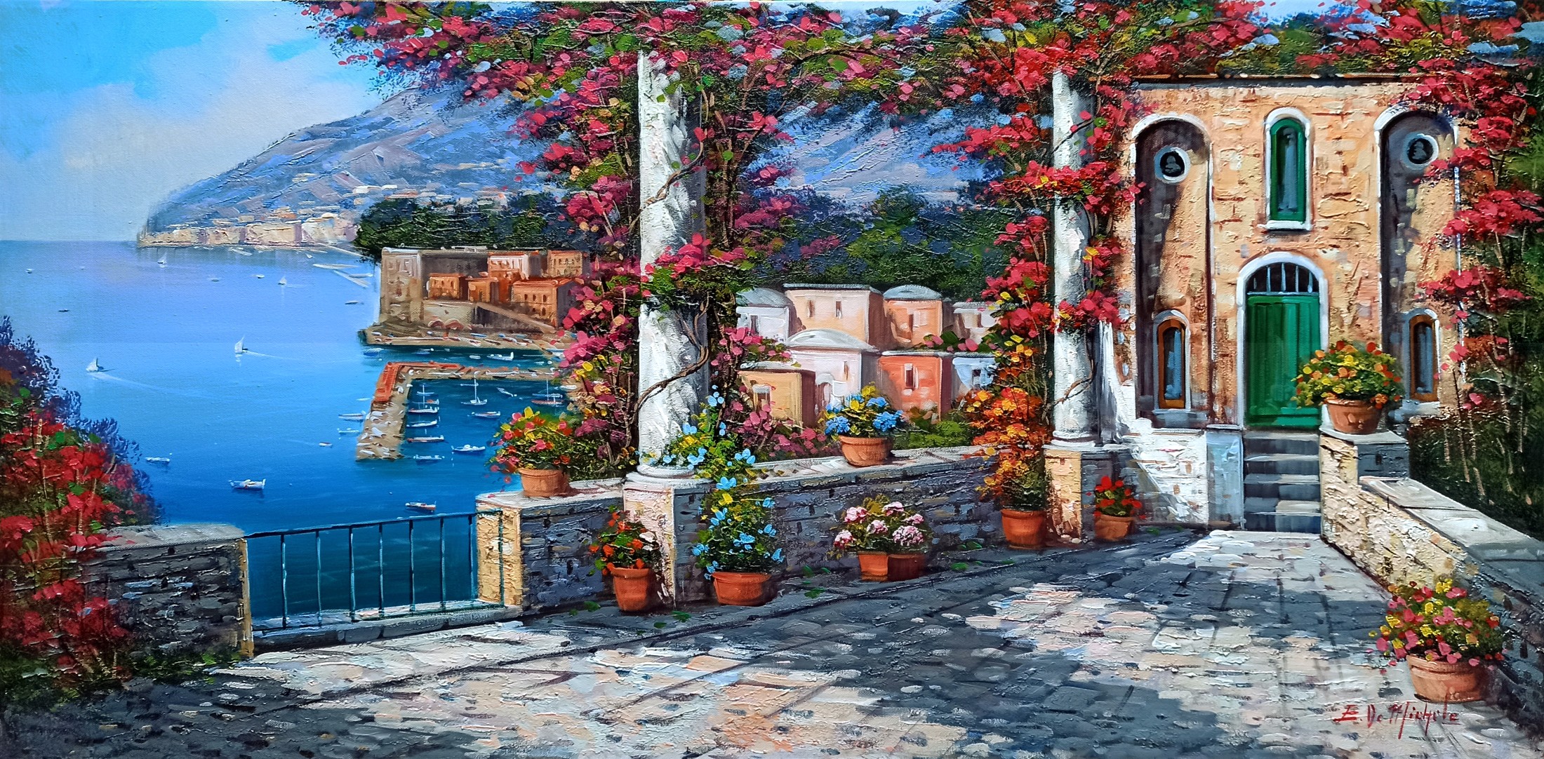 Ernesto De Michele, Flowery terrace in Sorrento - Italy painting Ernesto De Michele, Flowery terrace in Sorrento - Italy painting