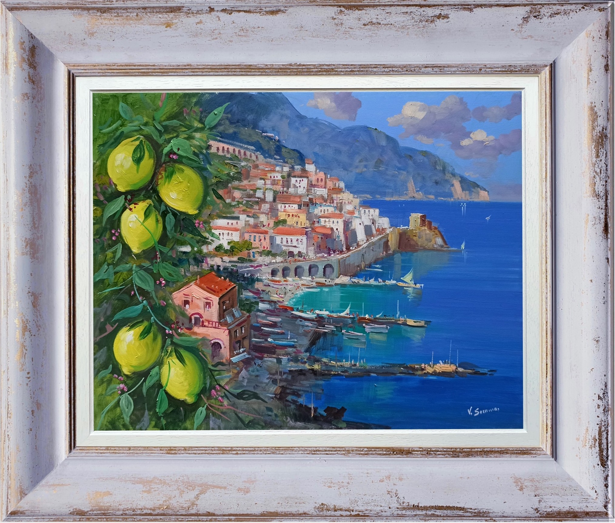 Vincenzo Somma, Lemons on seaside - Amalfi painting & handmade frame Vincenzo Somma, Lemons on seaside - Amalfi painting & handmade frame