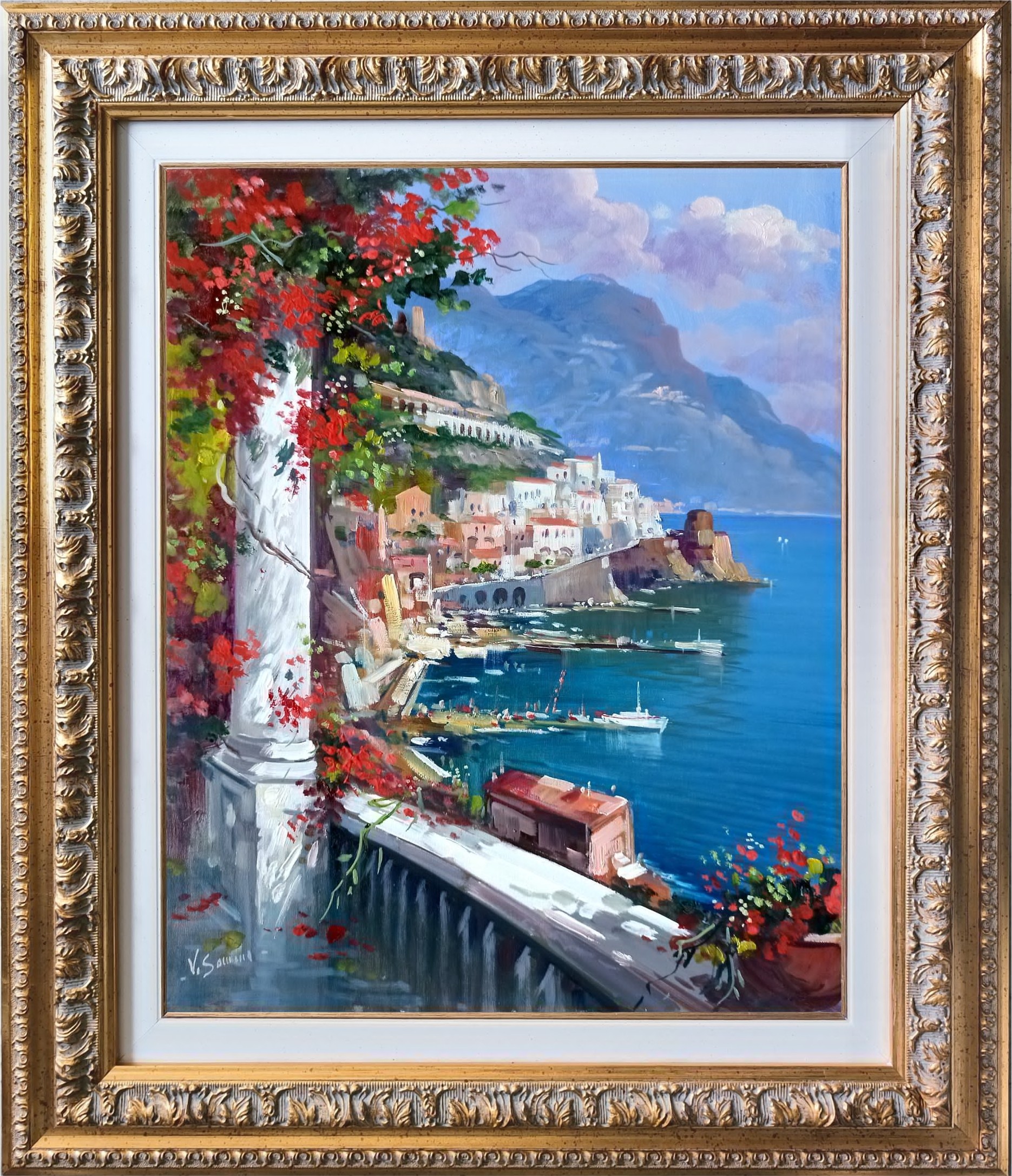 Vincenzo Somma, Amalfi flowered seaside - Italy painting & handmade frame Vincenzo Somma, Amalfi flowered seaside - Italy painting & handmade frame