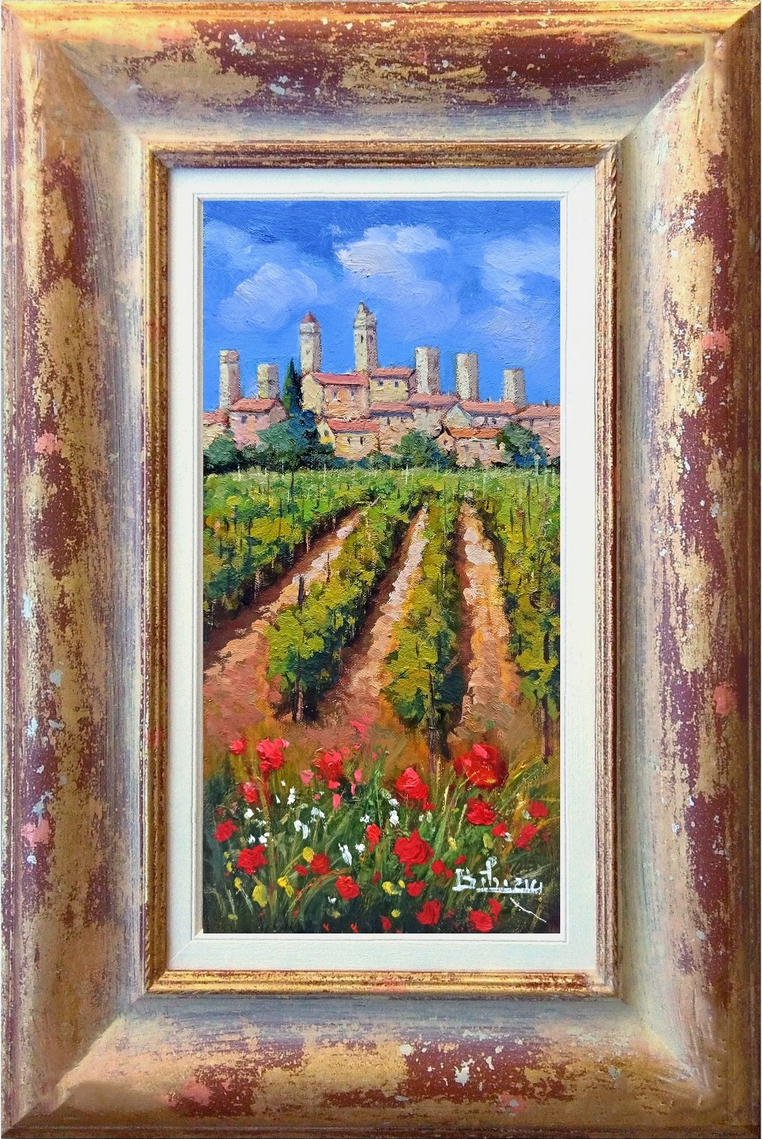 Bruno Chirici, Medieval village with vineyard - Tuscany painting & handmade frame Bruno Chirici, Medieval village with vineyard - Tuscany painting & handmade frame