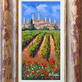 Gemälde, Medieval village with vineyard - Tuscany painting & handmade frame, Bruno Chirici