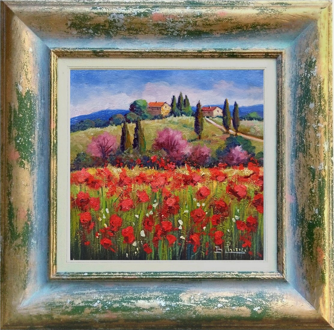 Bruno Chirici, Poppies in bloom - Tuscany painting & handmade frame Bruno Chirici, Poppies in bloom - Tuscany painting & handmade frame
