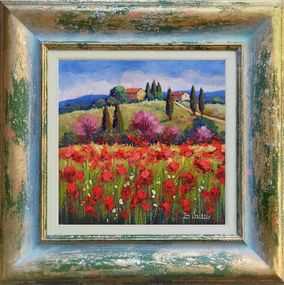 Gemälde, Poppies in bloom - Tuscany painting & handmade frame, Bruno Chirici
