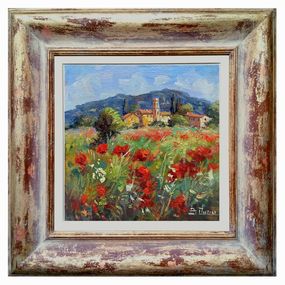 Village and wildflowers - Tuscany painting & handmade frame, Bruno Chirici