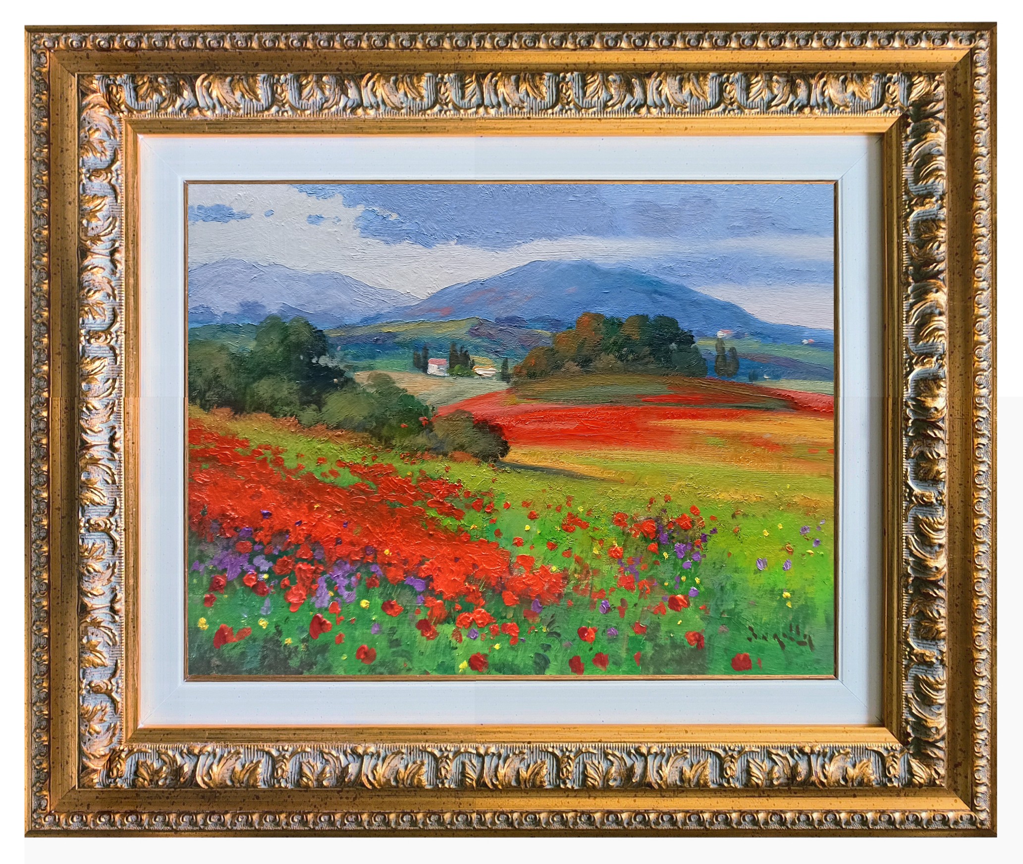 Andrea Borella, Countryside with flowers - Tuscany landscape painting & frame Andrea Borella, Countryside with flowers - Tuscany landscape painting & frame