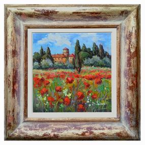 Countryside in bloom n°2 - Tuscany painting & handmade frame, Bruno Chirici