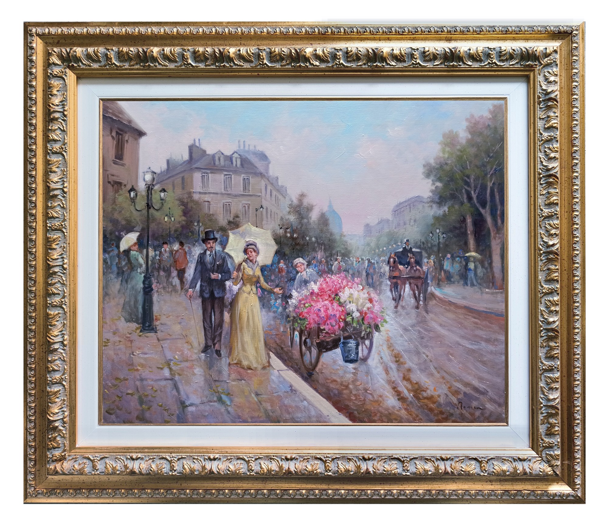 Domenico Ronca, The handcart or flowers - France Belle Epoque painting & frame Domenico Ronca, The handcart or flowers - France Belle Epoque painting & frame