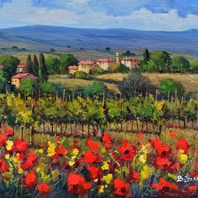 Gemälde, Flowers in the vineyard - Tuscany landscape painting, Bruno Chirici
