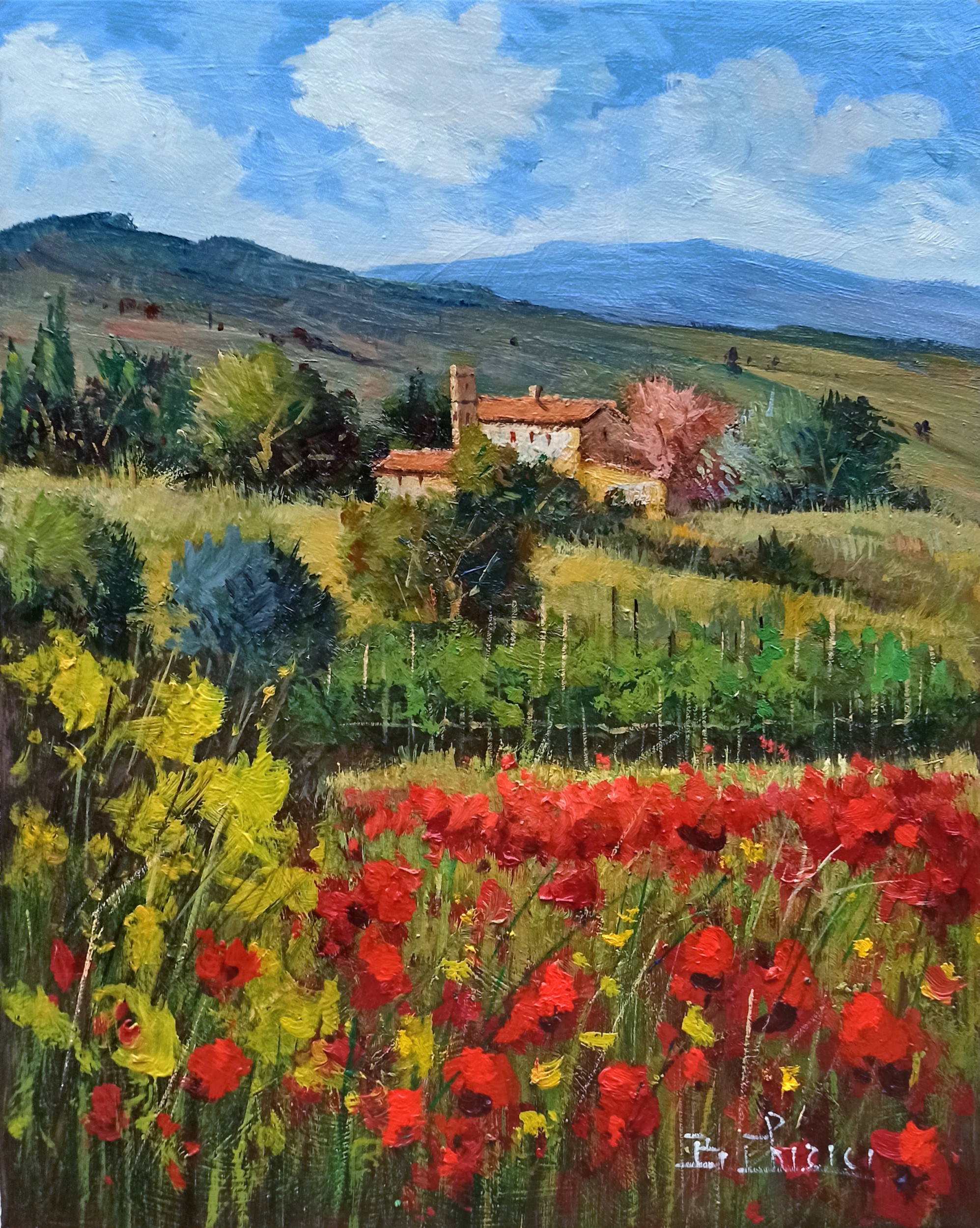 Bruno Chirici, Flowery countryside vertical version - Tuscany landscape painting Bruno Chirici, Flowery countryside vertical version - Tuscany landscape painting