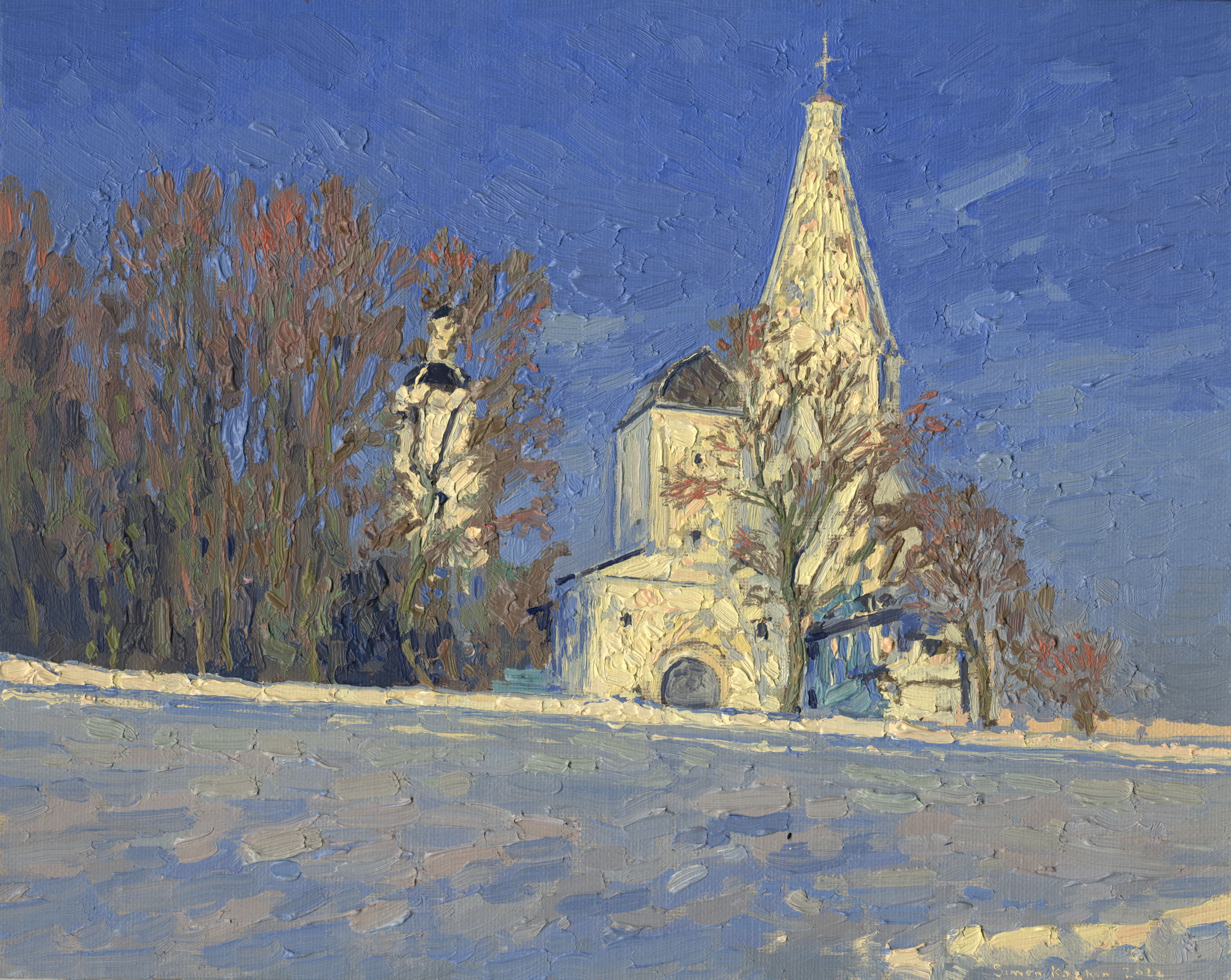 Simon Kozhin, Frosty evening. View of the water tower and the Church of the Ascension Simon Kozhin, Frosty evening. View of the water tower and the Church of the Ascension
